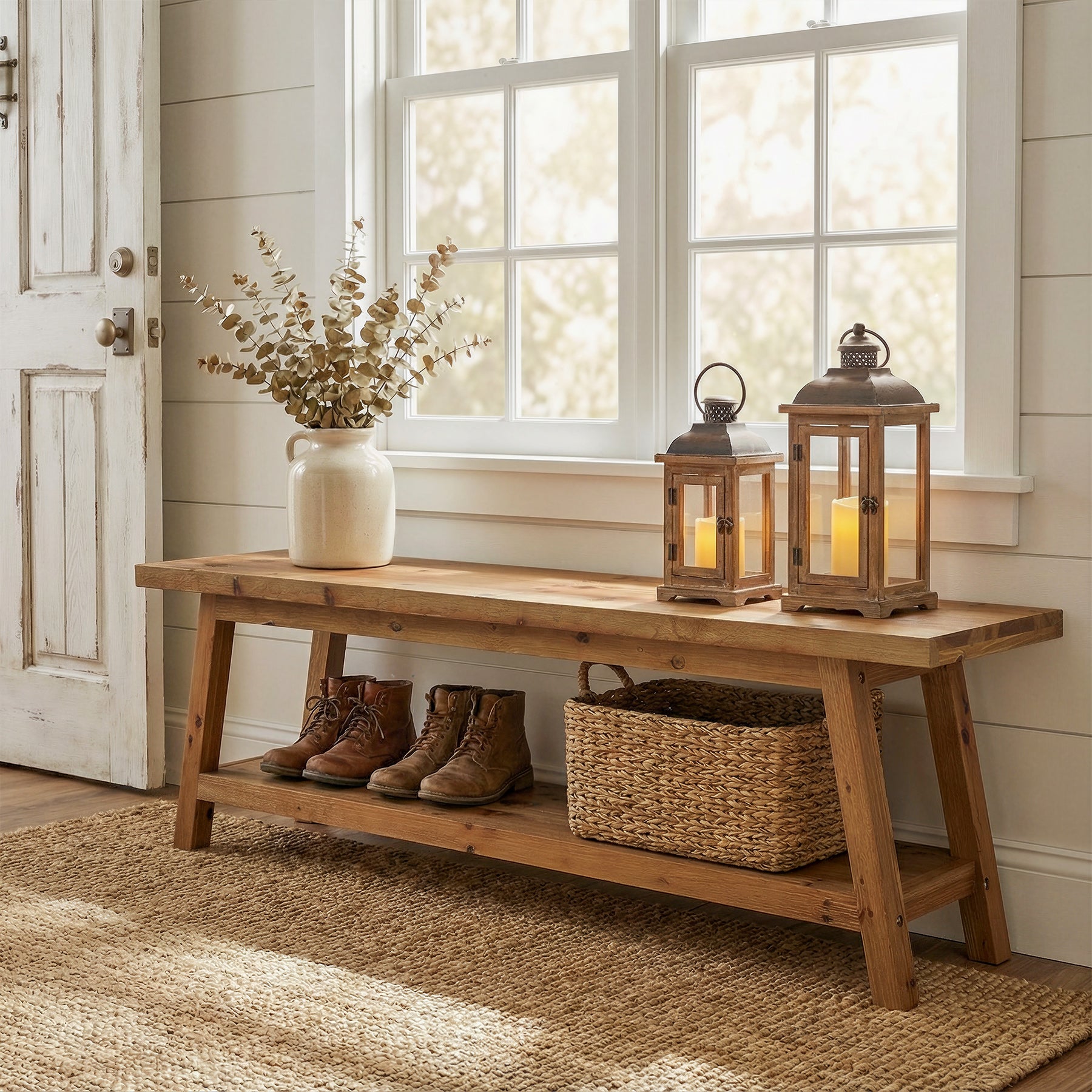 63" Solid Wood Entryway Bench with Storage Shelf, Hallway Shoe Bench for Mudroom