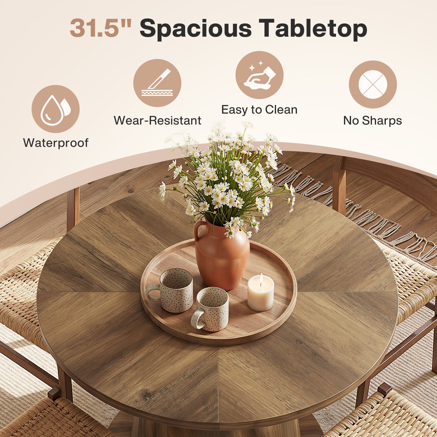 31.5-Inch Small Round Dining Table with Pedestal Base, Mid-Century Kitchen Table for 2 to 4 People