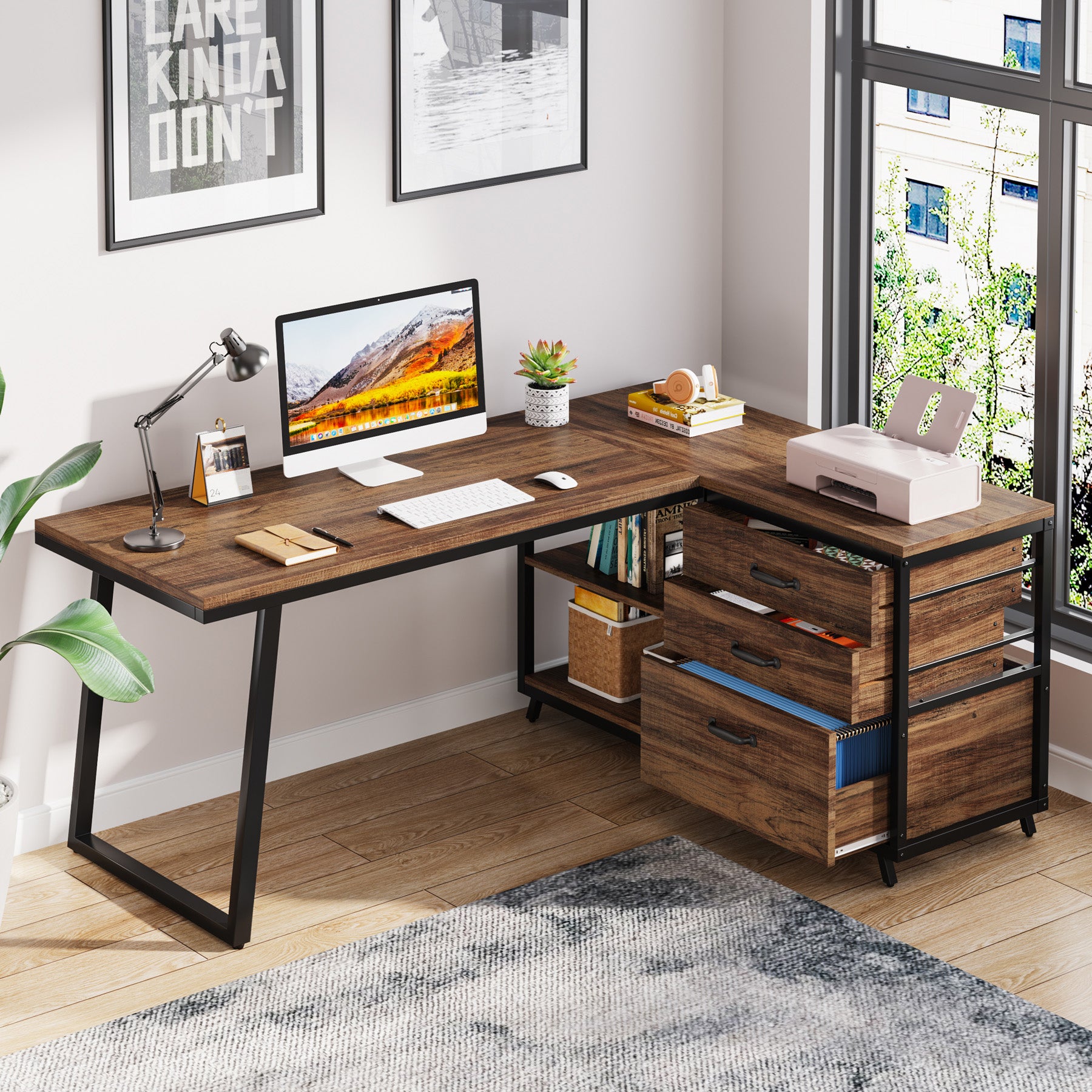 Reversible L-Shaped Computer Desk with 3 Drawers and Shelves, 53-Inch Rustic Brown Corner Desk for Small Spaces