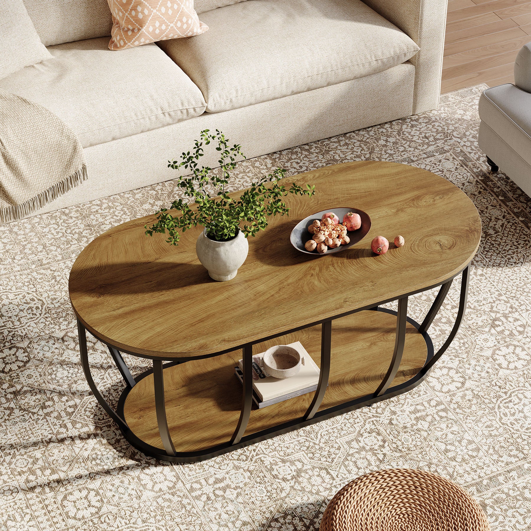Tribesigns 47.2-Inch Oval Industrial Coffee Table, 2-Tier Wooden Center Table with Curved Metal Base