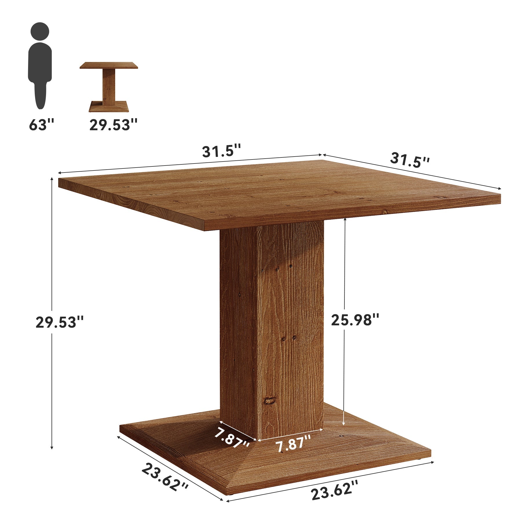 31.5" Square Solid Wood Dining Table for 4, Rustic Pedestal Base Walnut