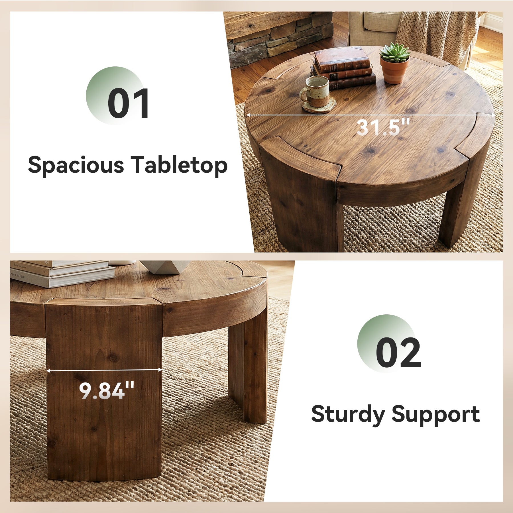 31.5 Inch Solid Wood Round Coffee Table with Integrated Tabletop, Farmhouse Center Table for Living Room