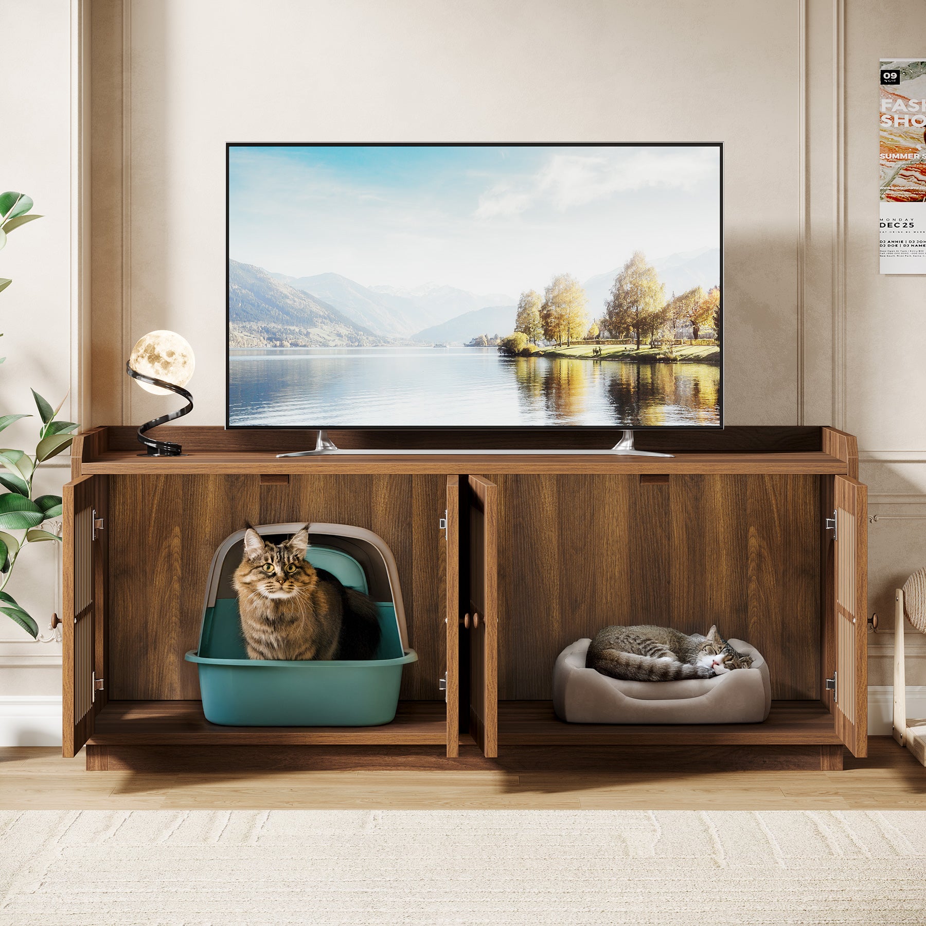 55.1-Inch Extra Large Cat Litter Box Enclosure for 2 Cats with 2 Cabinets and Side Entry, Hidden Wooden Cat Washroom Furniture for Living Room
