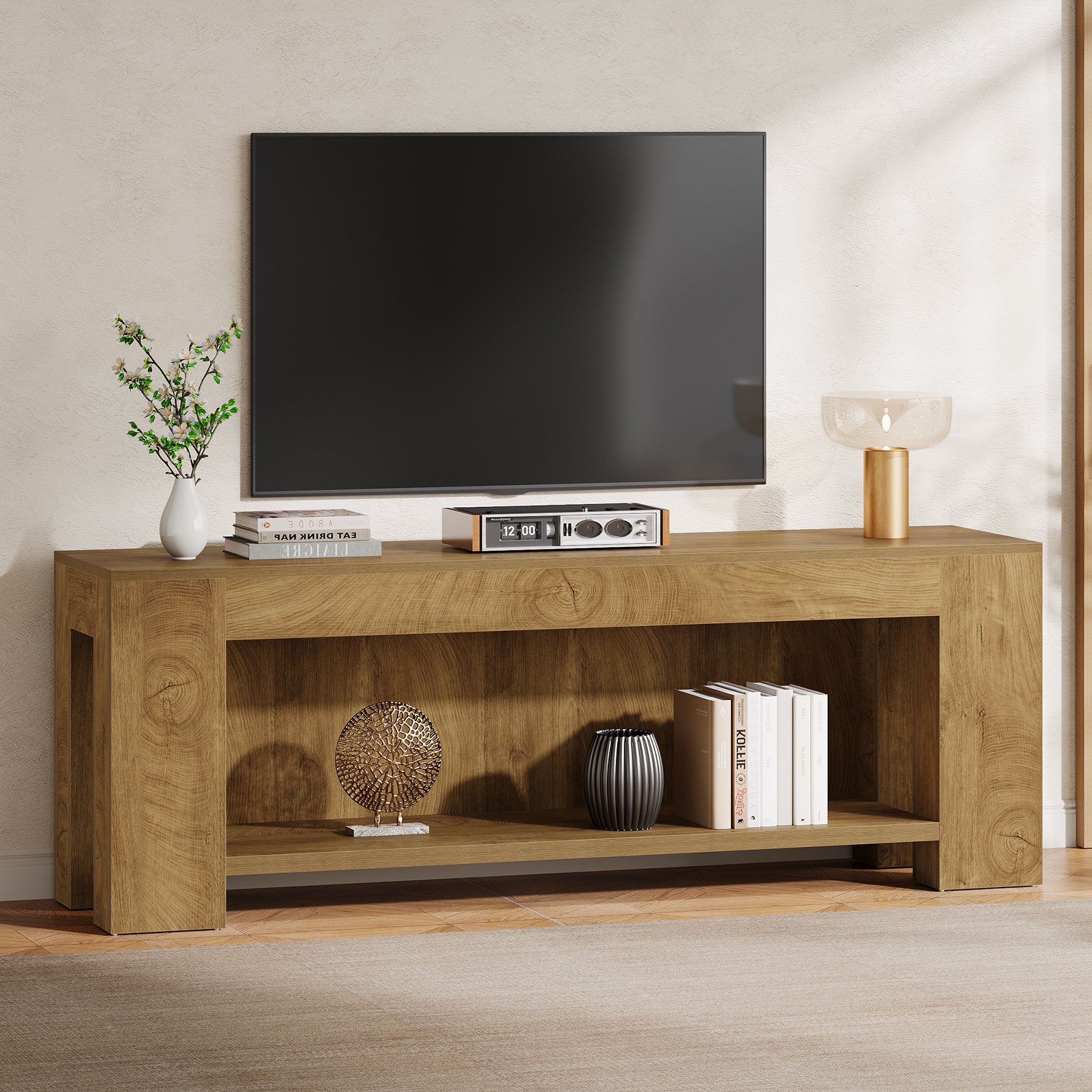 63-Inch TV Stand for 55 to 75-Inch TVs with Open Storage Shelves, Rustic Media Console Table for Living Room