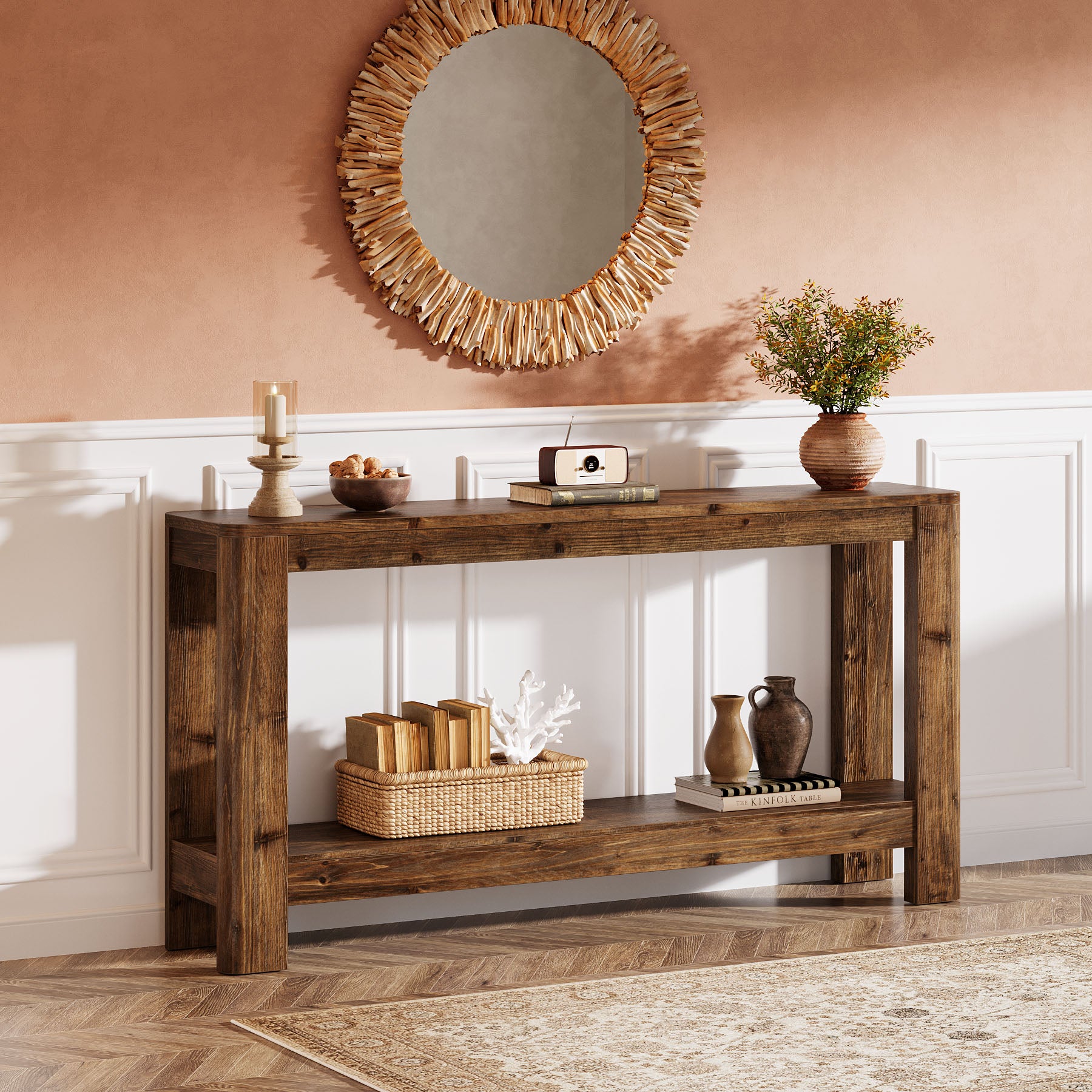 63" Console Table, Solid Wood Farmhouse Sofa Table with 2-Tier Storage