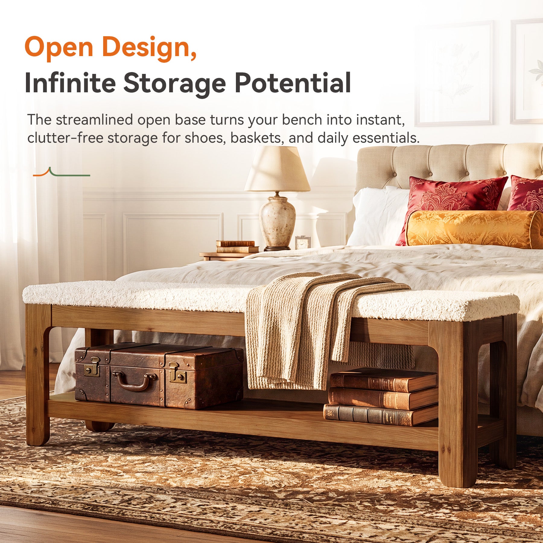 55-Inch Solid Wood Storage Bench with Faux Wool Seat, Entryway Bench for Bedroom