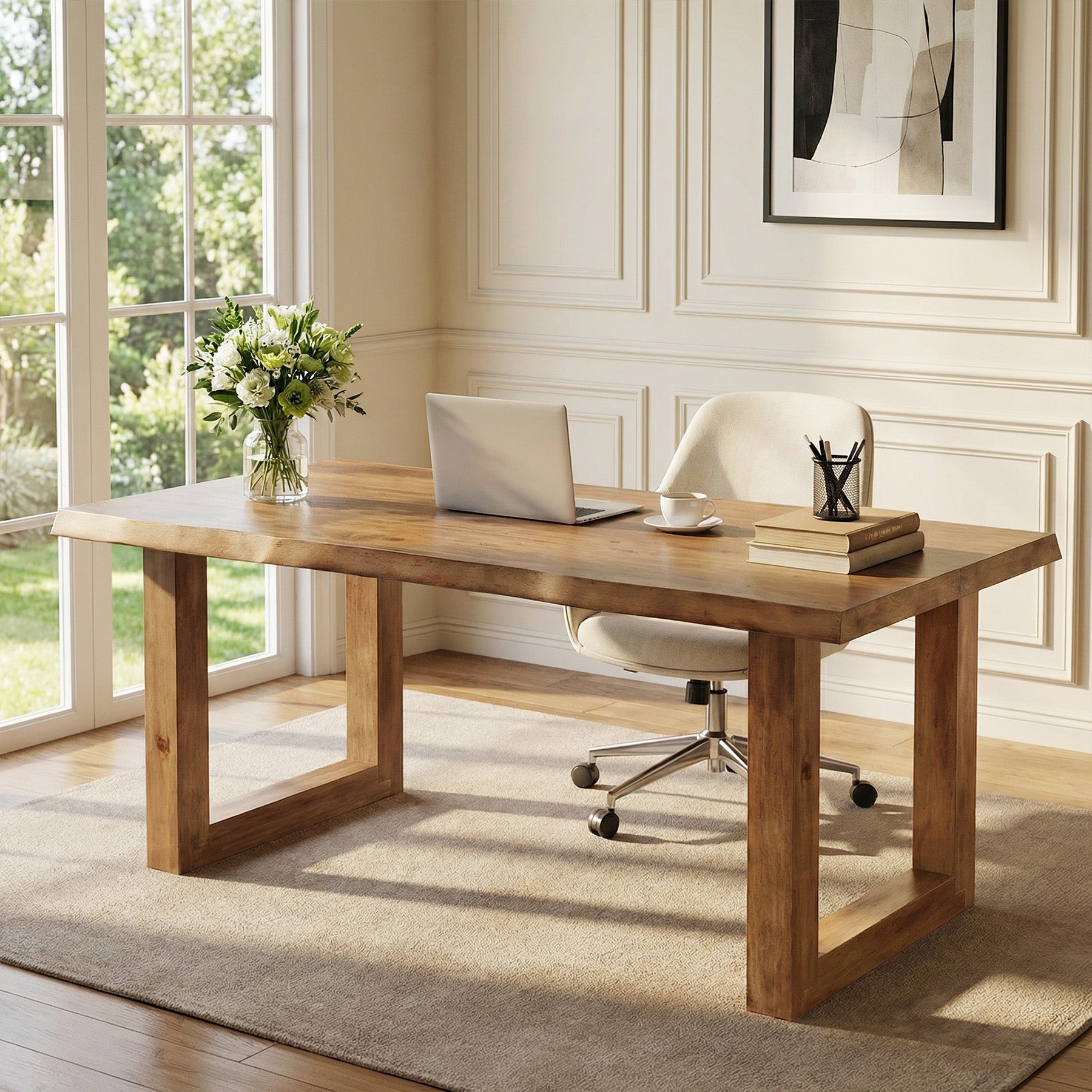 63-Inch Solid Wood Computer Desk with Live Edge Top, Rectangular Executive Desk for Home Office