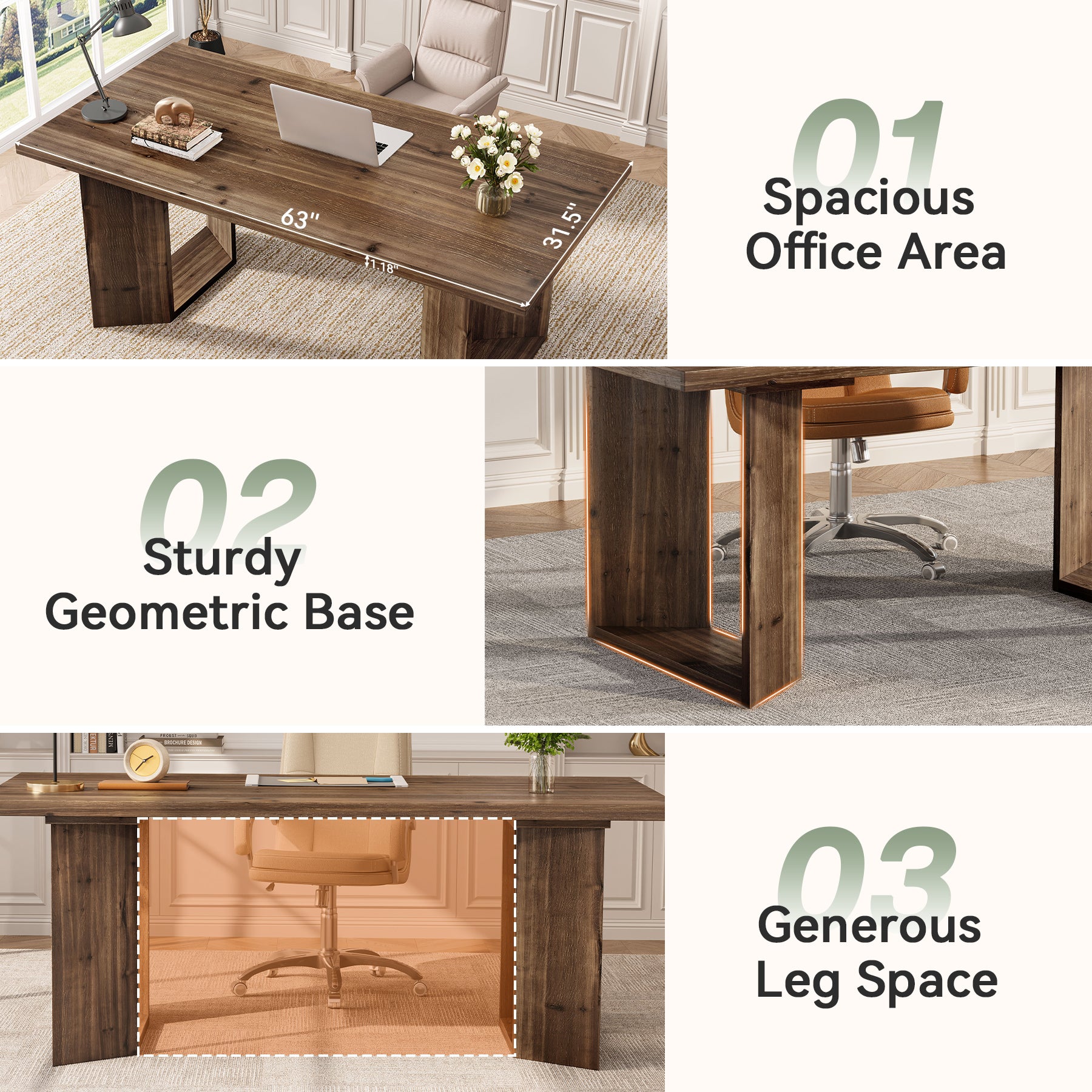 Tribesigns 63-Inch Solid Wood Executive Desk, Farmhouse Office Desk with U-Legs for Home Office
