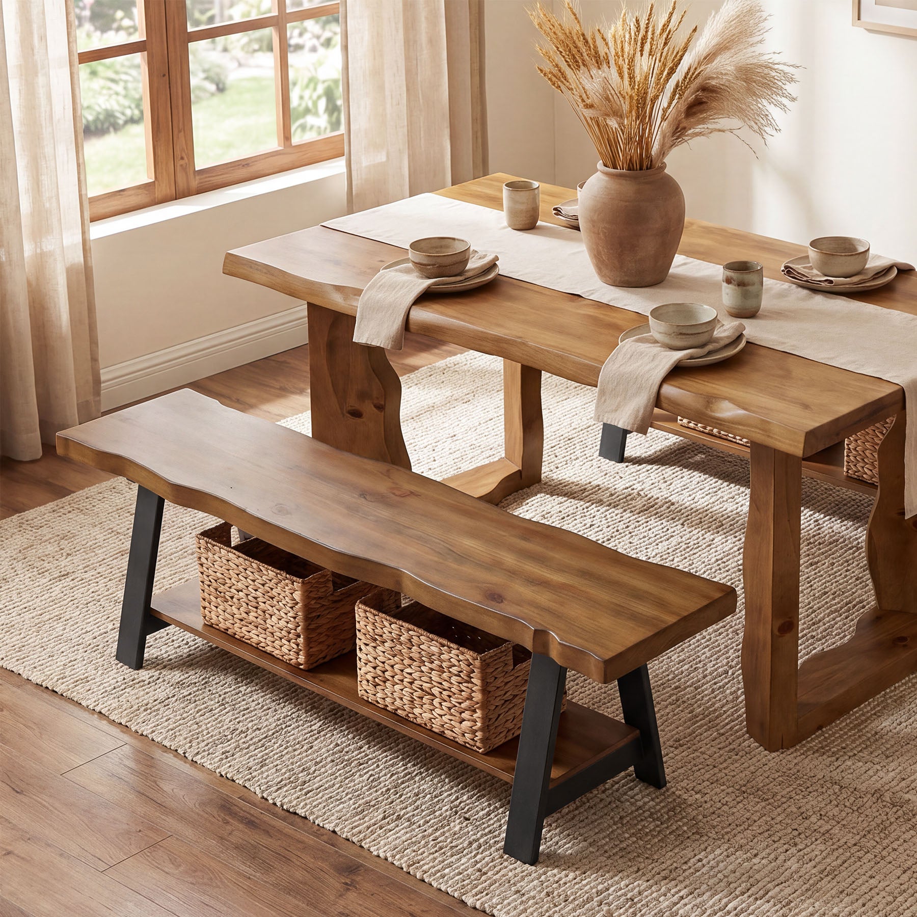 55" Solid Wood Dining Bench with Live Edge & Metal Frame, Kitchen & Dining Room