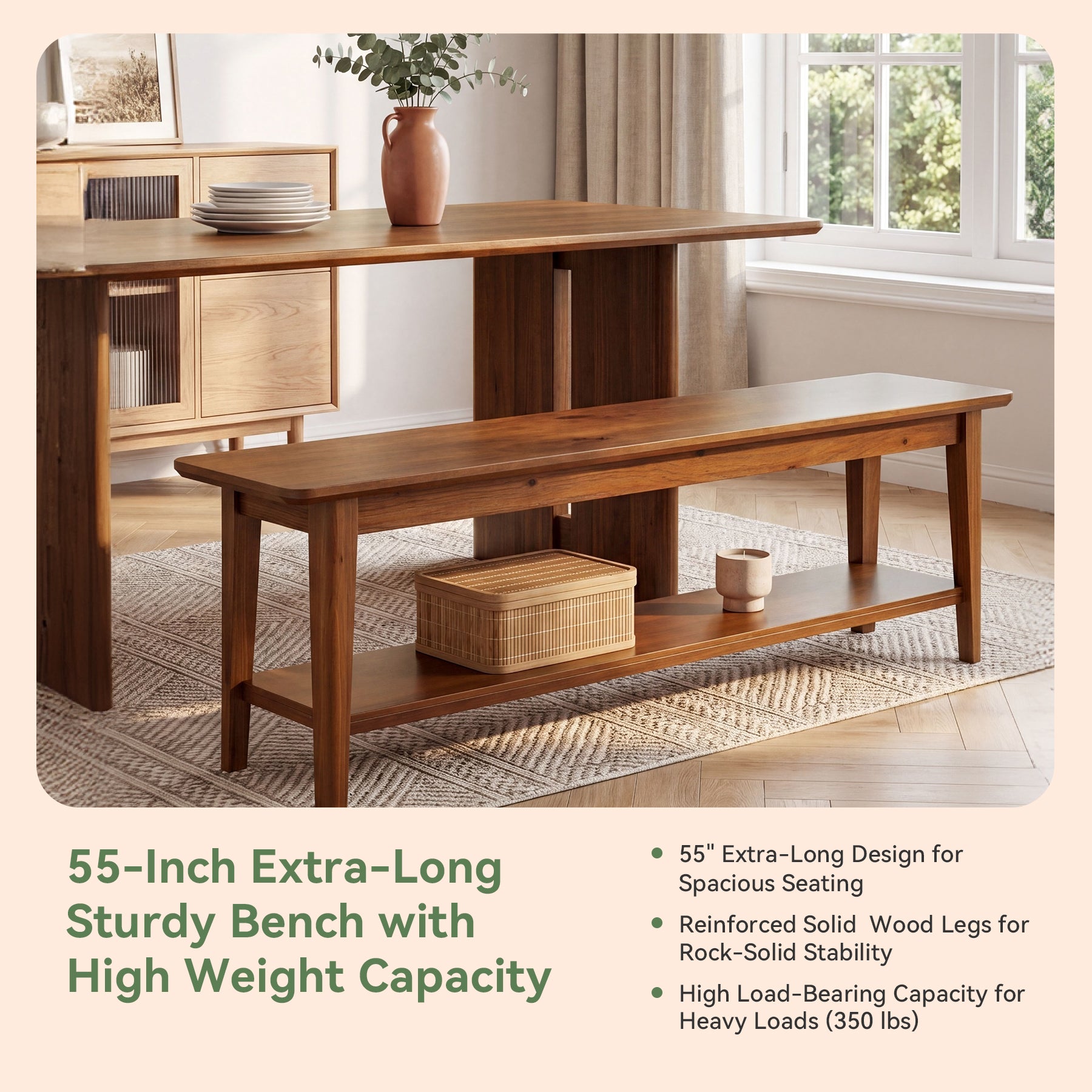 Tribesigns 55-Inch Farmhouse Bench with Storage Shelf, Wooden Dining Seating for Kitchen Dining Room and Patio
