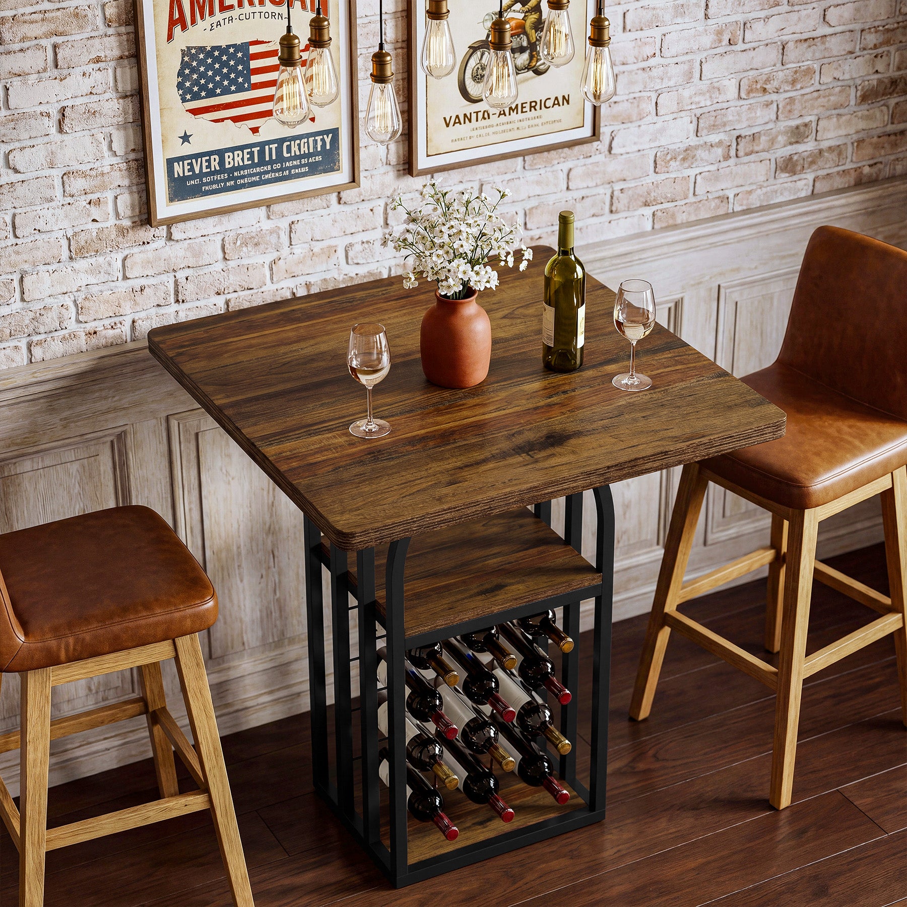 Tribesigns 35.43-Inch Square Bistro Pub Table with Wine Rack, Home Bar Table for Kitchen and Living Room