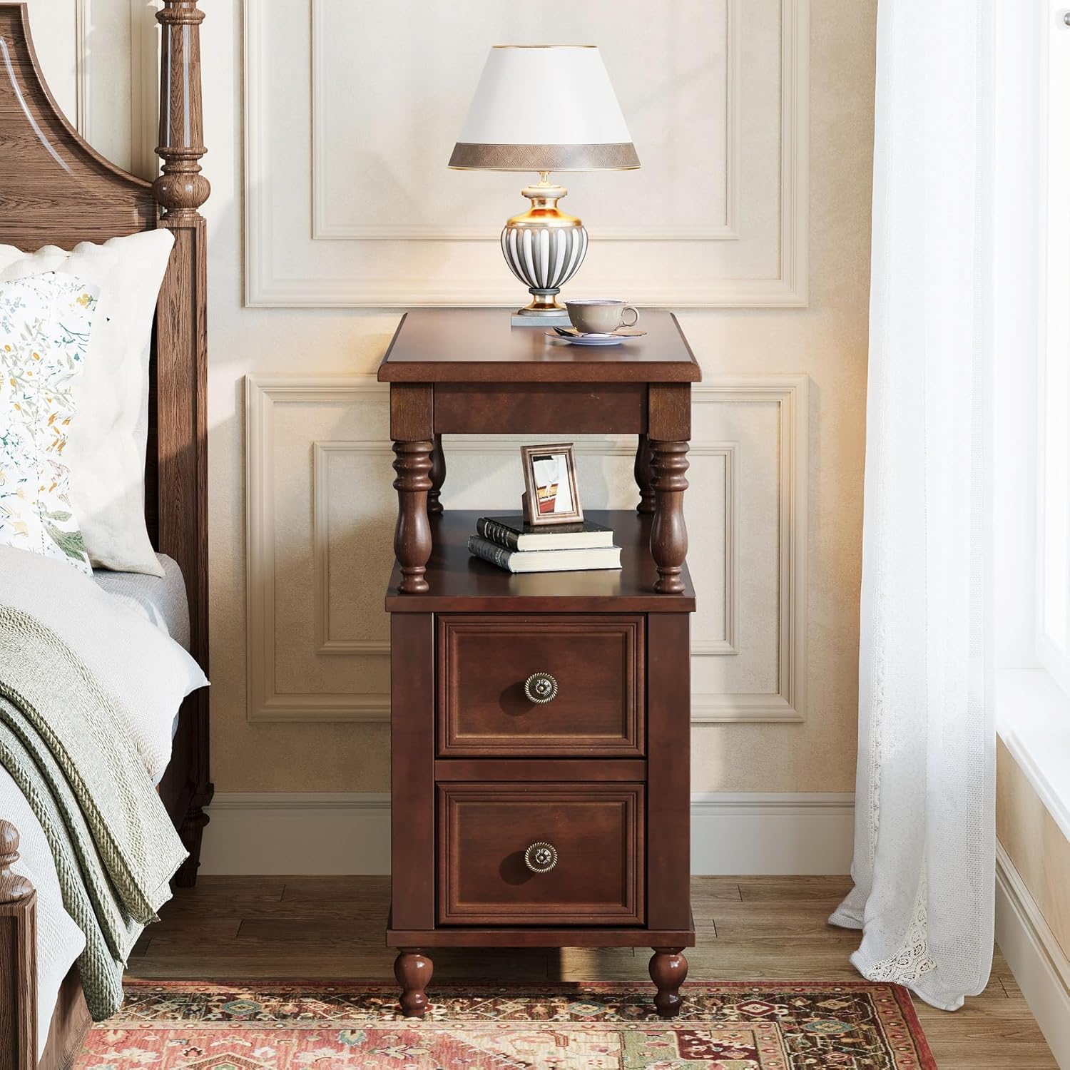 MidCentury 2-Drawer Nightstand - Solid Wood Bedside Table with Open Shelf, Dark Cherry