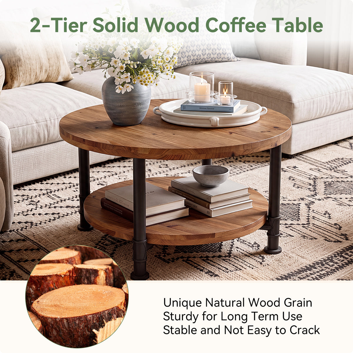 Tribesigns 31.5" Solid Wood Round Coffee Table with Storage Shelf, Industrial Table for Living Room
