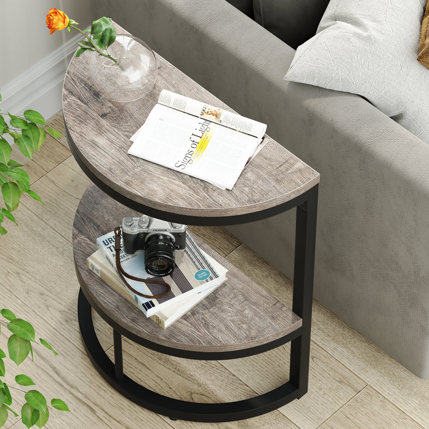 Half Round End Table with Shelf, Farmhouse Narrow Side Table for Sofa Living Room