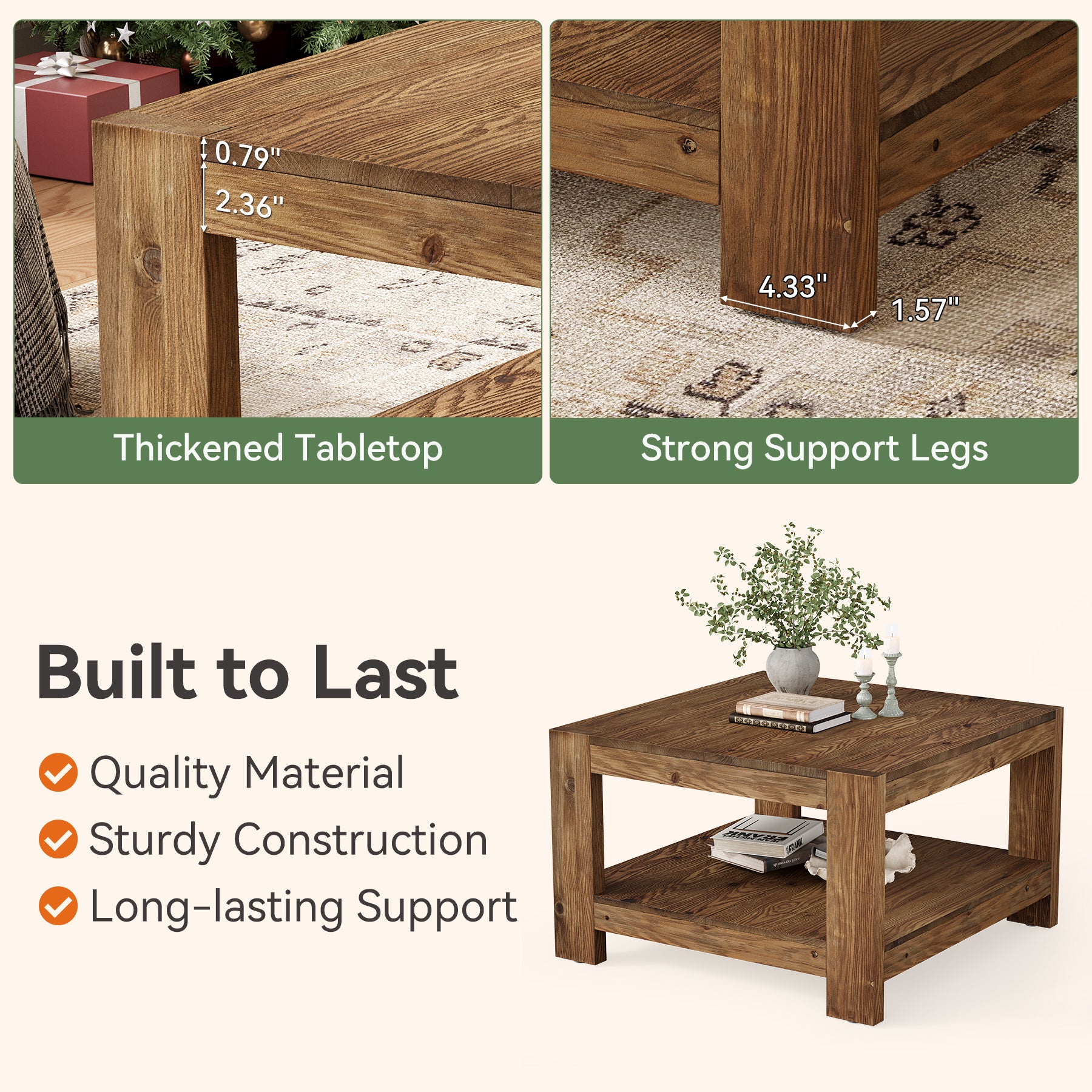 Tribesigns 31.5-Inch Square Farmhouse Coffee Table with Storage Shelf, Solid Wood Center Table for Living Room
