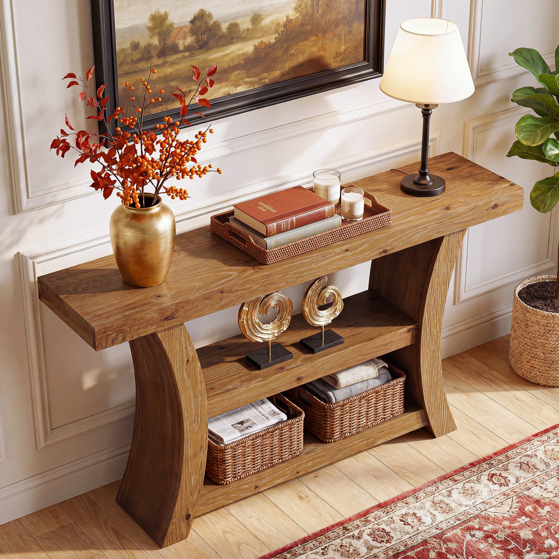 Tribesigns 55-Inch Solid Wood Console Table with 3-Tier Storage, Curved Entryway Table for Hallway