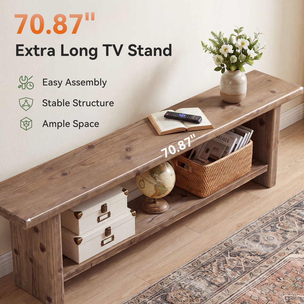 Tribesigns 71 Inch Solid Wood TV Stand with 2-Tier Storage and Farmhouse Design, Media Console for 55-85 Inch TVs