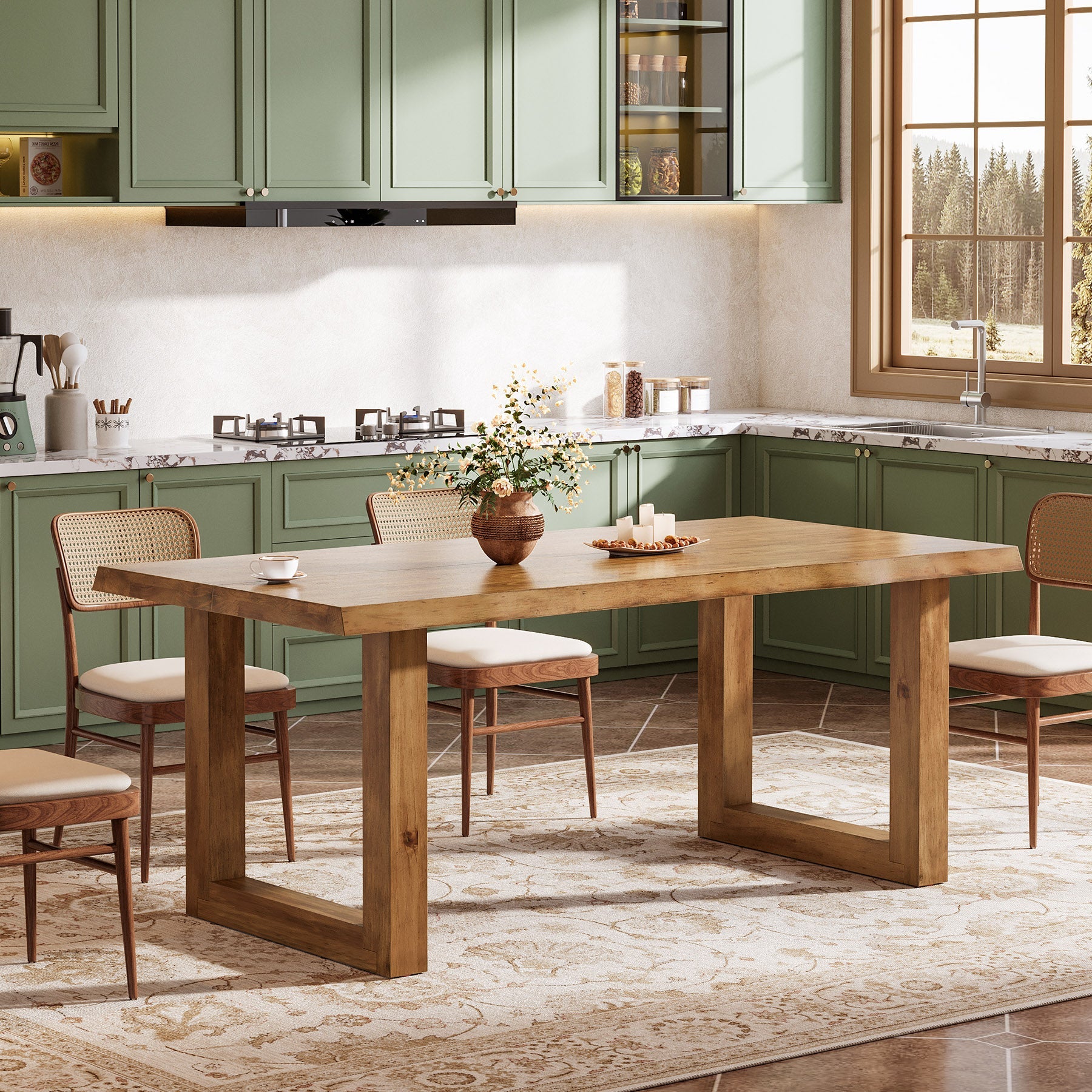 63-Inch Solid Wood Dining Table with Live Edge Top, Farmhouse Kitchen Table for 4 to 6 People