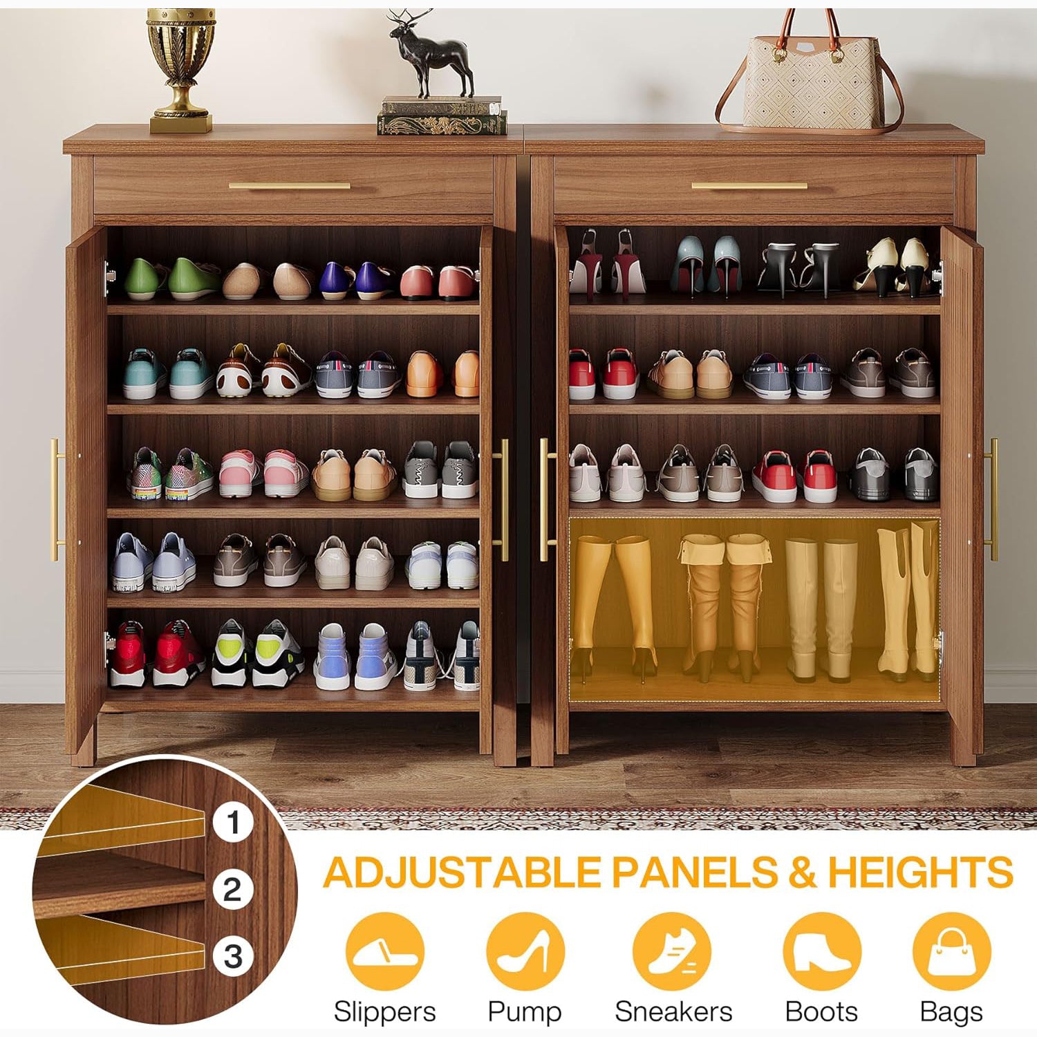 55" 5-Tier Shoe Cabinet - Louvered Door Storage Organizer with Drawer Shelves, Brown