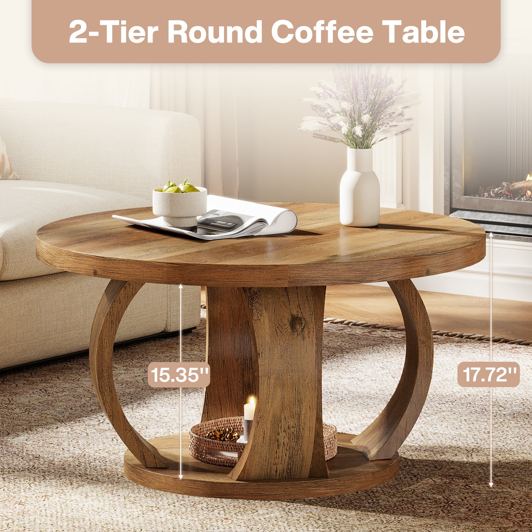 Tribesigns 31.5" Wooden Circle Coffee Table, 2-Tier Storage for Small Spaces