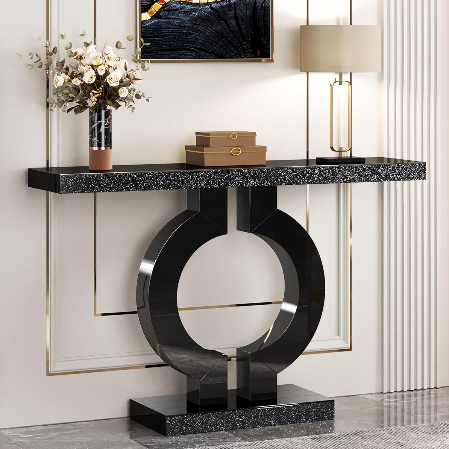 43" Modern Mirrored Console Table - O-Shaped Black Base Narrow Entryway & Sofa Table with Glass Finish