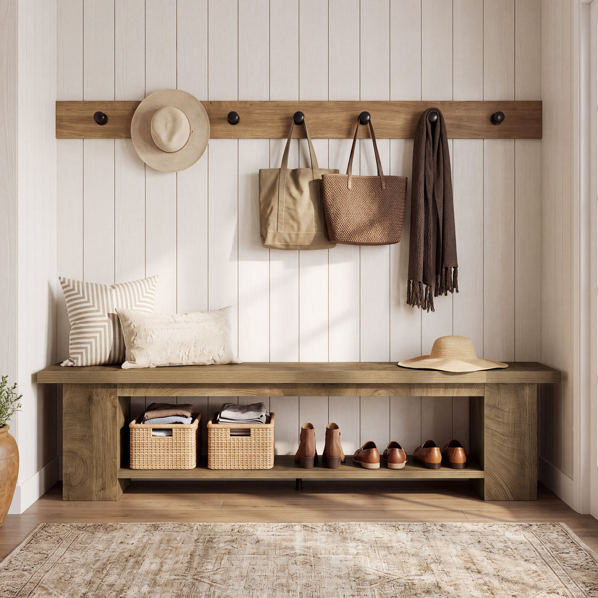 Tribesigns 86.6" Extra Long Entryway Bench with 2-Tier Shoe Storage, Storage Bench for Hallway