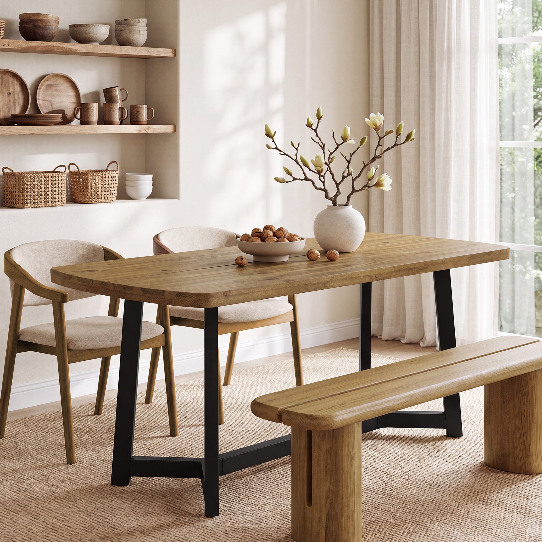 Tribesigns 63-Inch Solid Pine Wood Dining Table for 4-6, Industrial Farmhouse Kitchen Table
