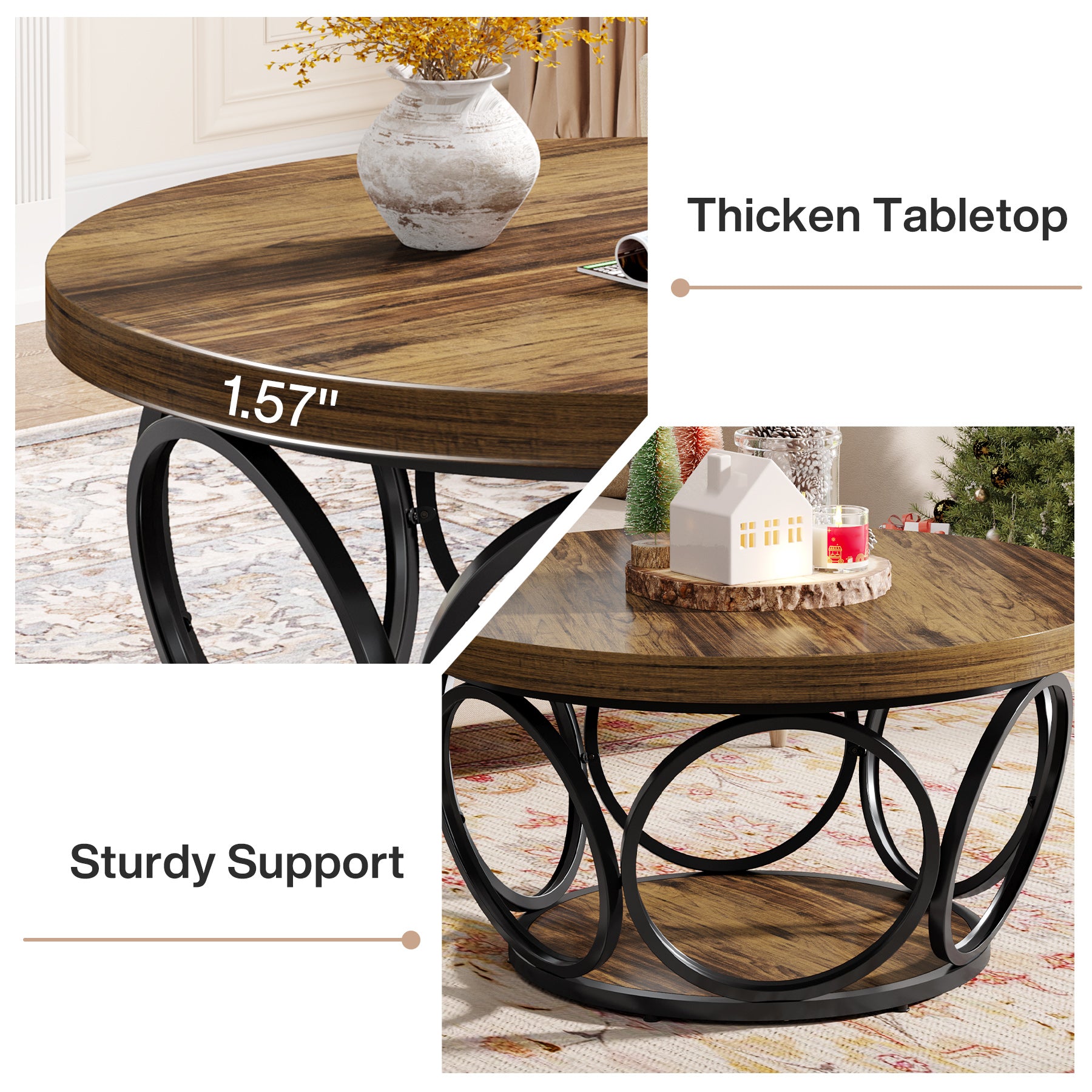 Tribesigns Coffee Table, Round Center Table with 2 Storage Shelves