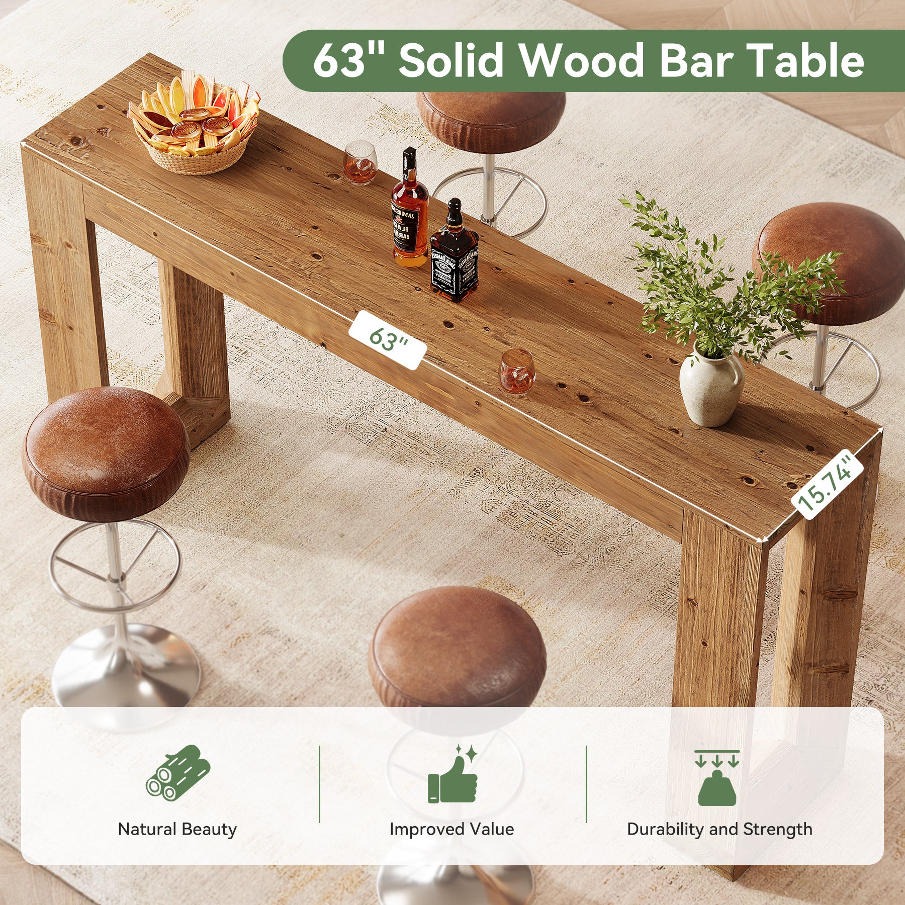 Tribesigns 63-Inch Solid Wood Counter Height Bar Table, Narrow Pub Dining Table for Kitchen and Home Bar