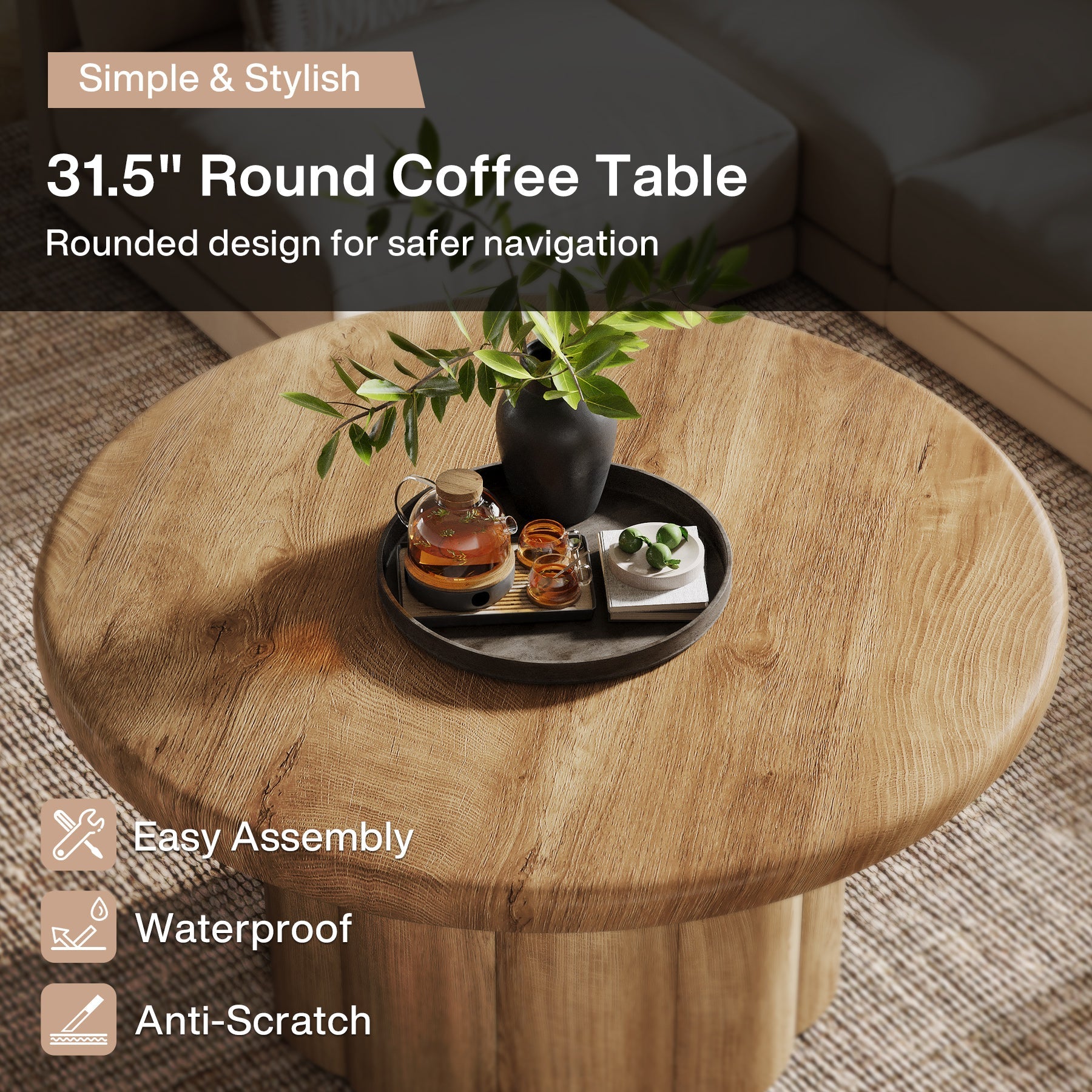 Rustic Fluted Drum Table,31.5" Round Farmhouse Center Table for Cozy Living