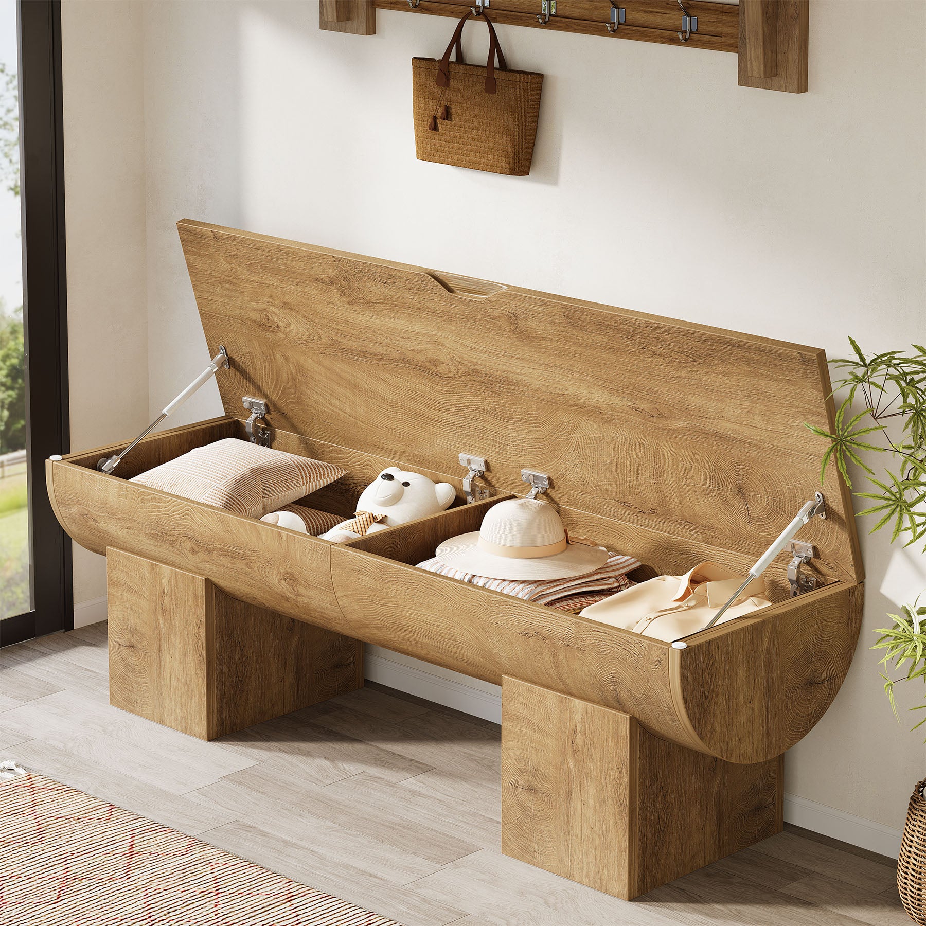 55.1-Inch Farmhouse Storage Bench with Flip-Top Storage and 2 Safety Hinges