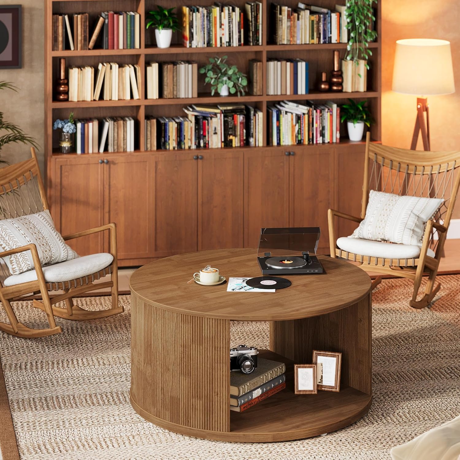 31.5" Round Mid-Century Coffee Table - Walnut Fluted Base with Storage for Small Spaces