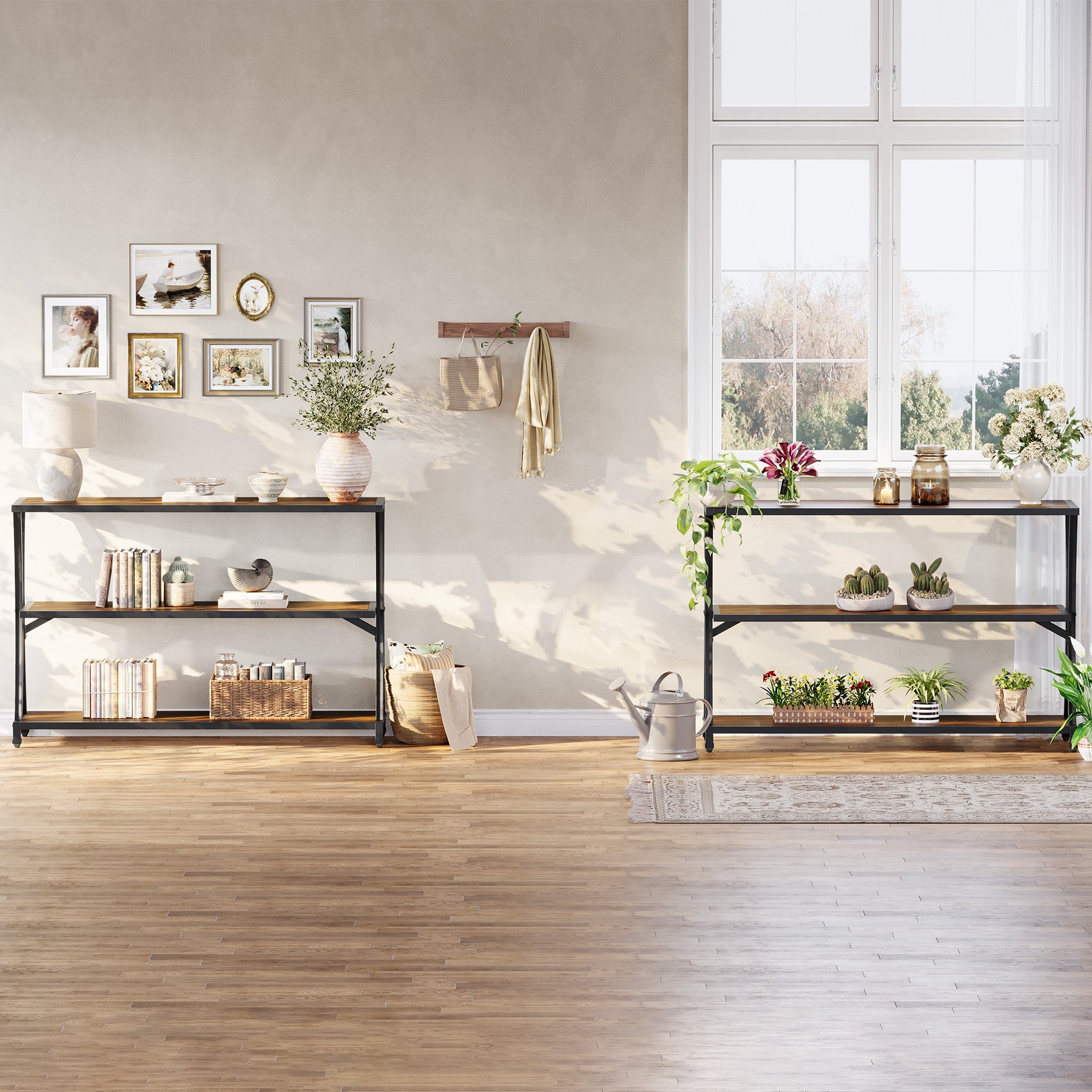 63" Industrial 3-Tier Console Table, Rustic Narrow Sofa Table with Storage Shelves