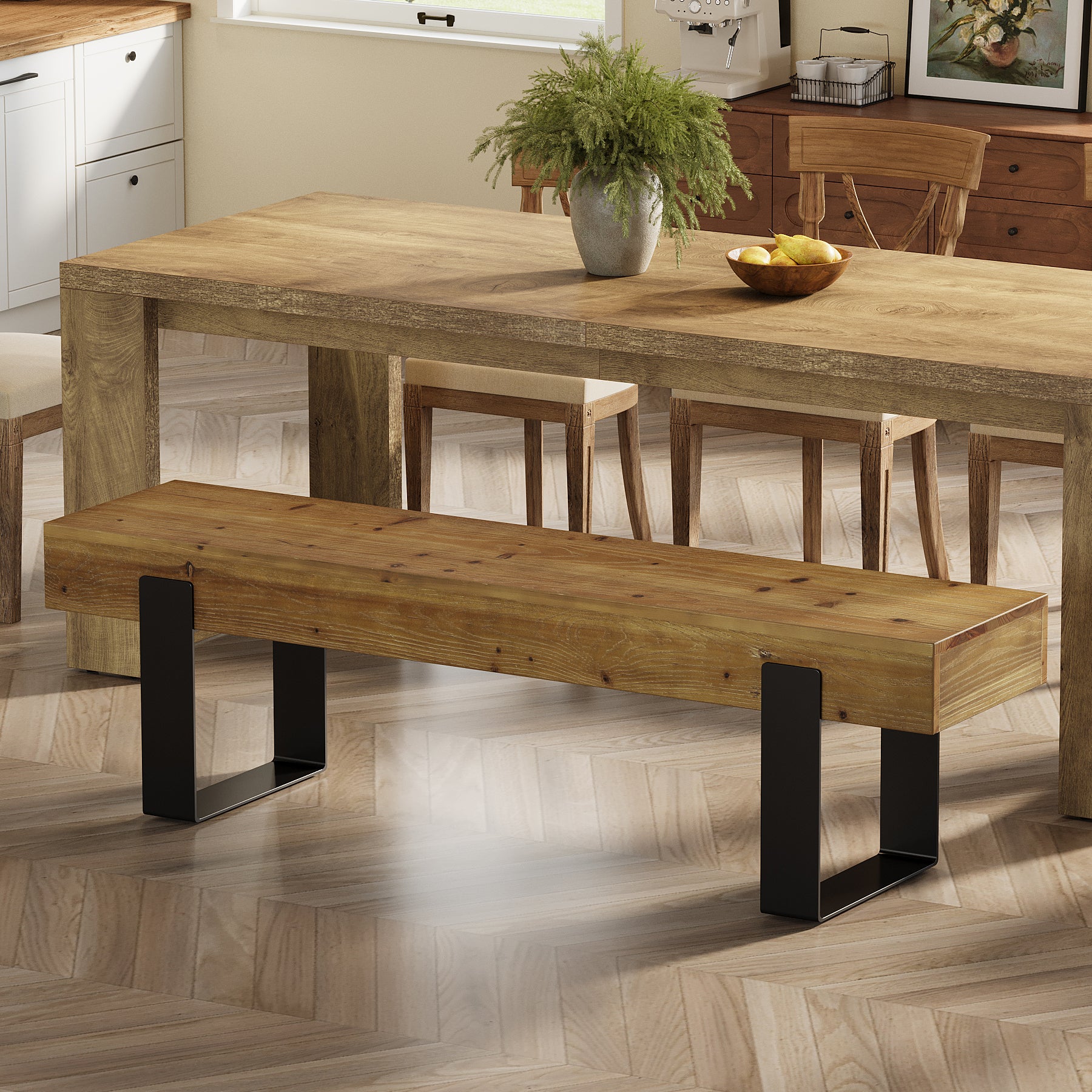 Tribesigns 63-Inch Solid Wood Dining Bench, Farmhouse Kitchen Seat with Metal Legs for Dining Room