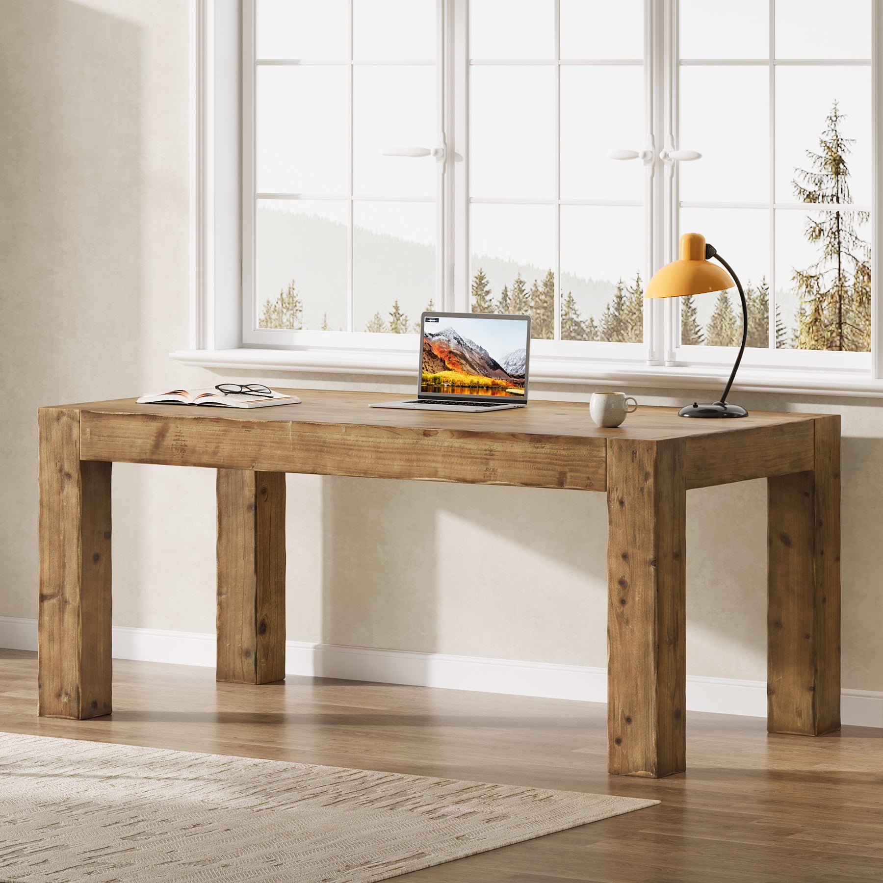 Tribesigns 63" Solid Wood Executive Desk, Rustic Computer Desk for Home Office (Only Table)