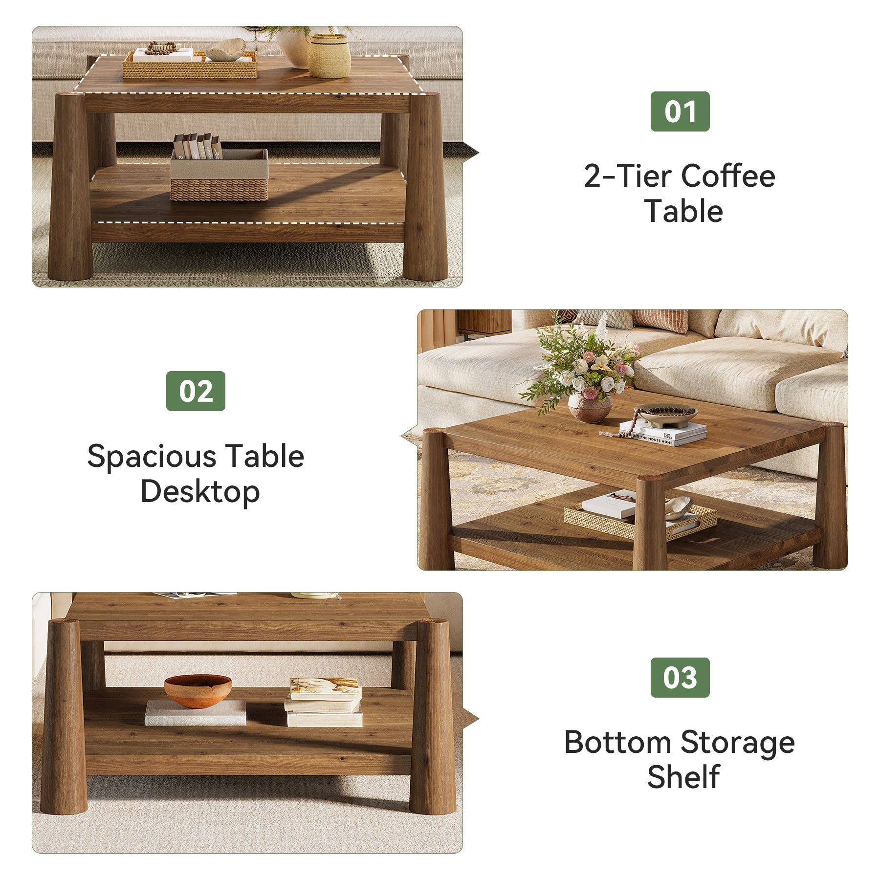 34" Square Solid Wood 2-Tier Coffee Table, Farmhouse Storage Brown