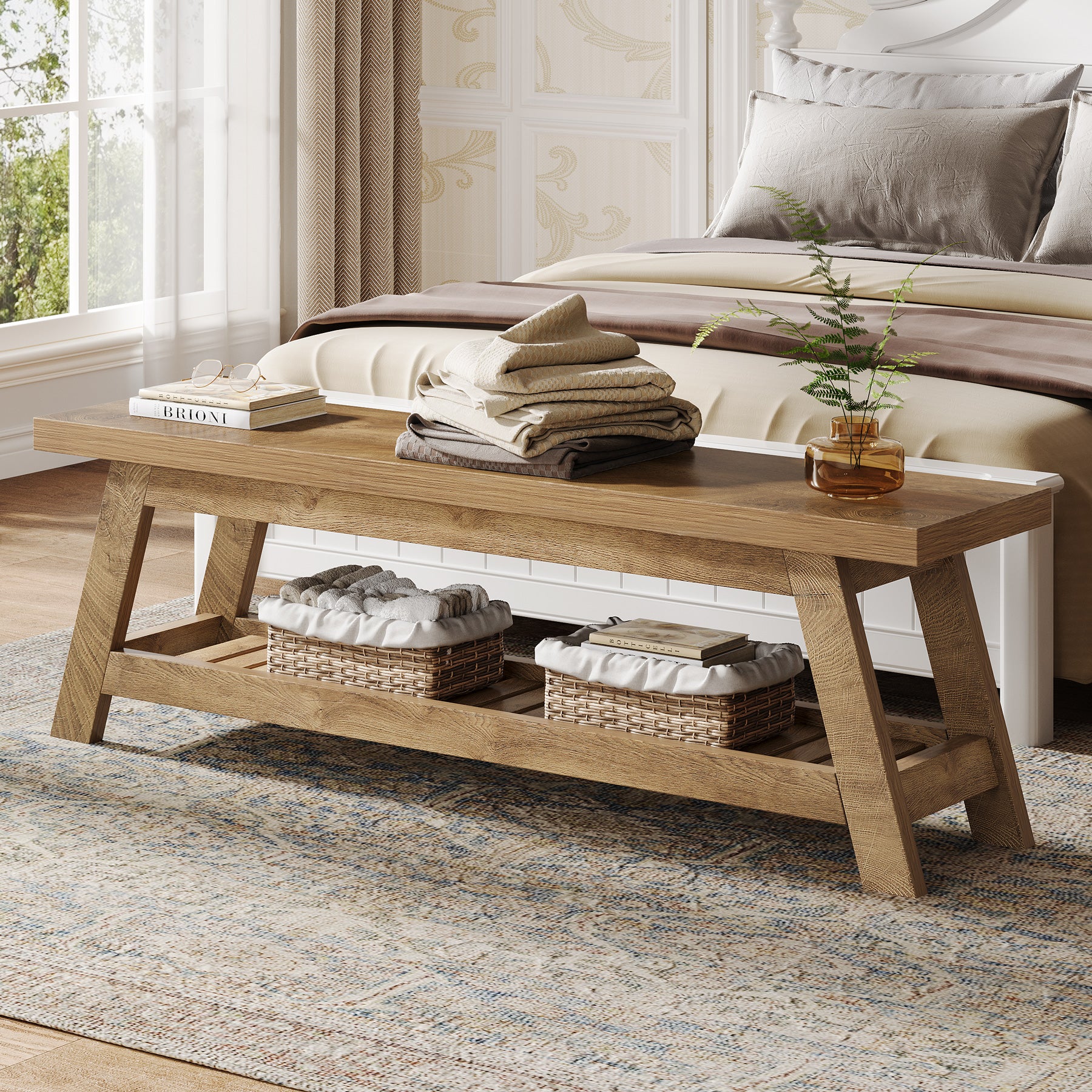 55-Inch Wood Entryway Bench with Shoe Storage, Two-Tier Narrow Hallway Seating Bench for Foyer and Bedroom