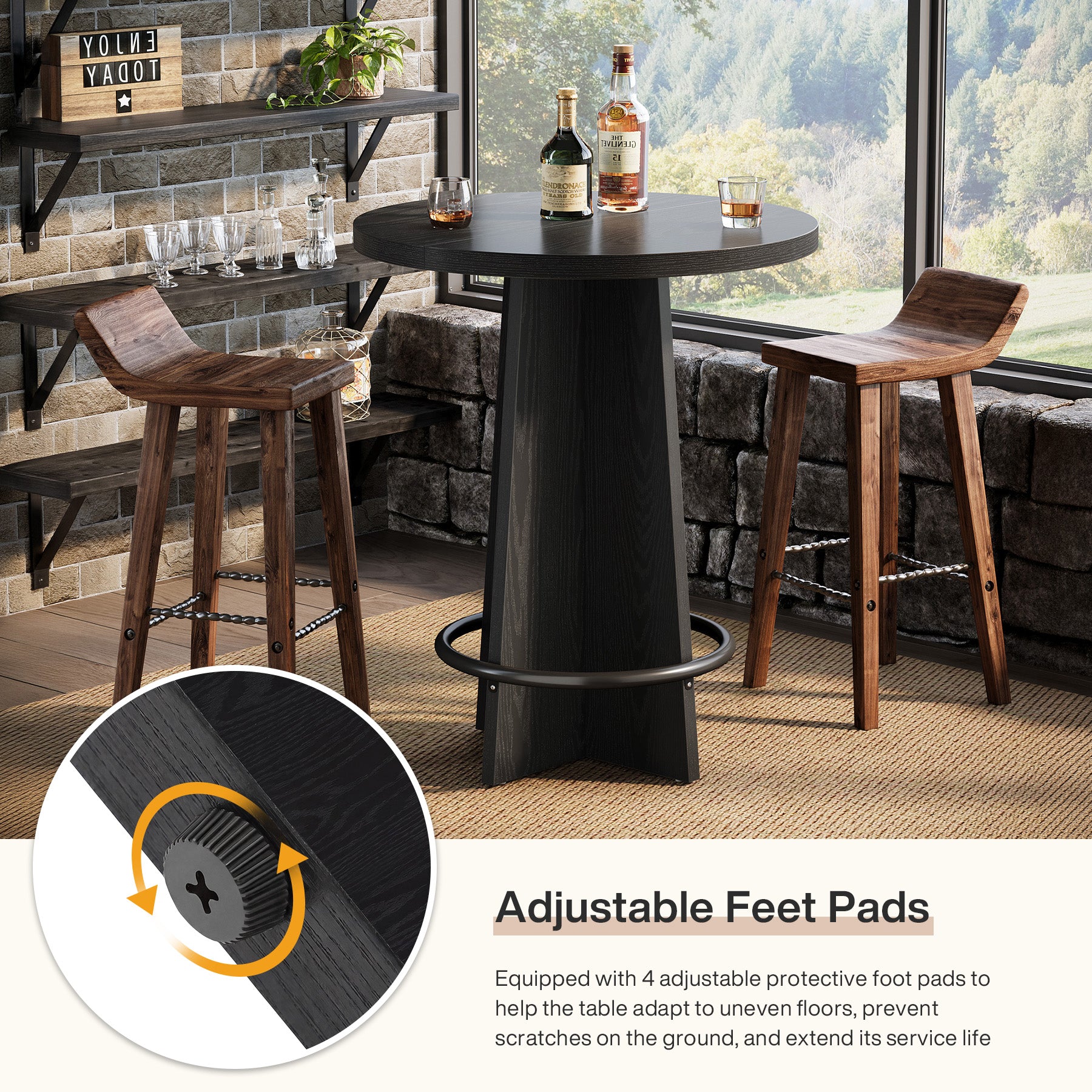 37.4-Inch Round Bar Table with Wooden Cross Base, Compact Pub Table with Ring Footrest