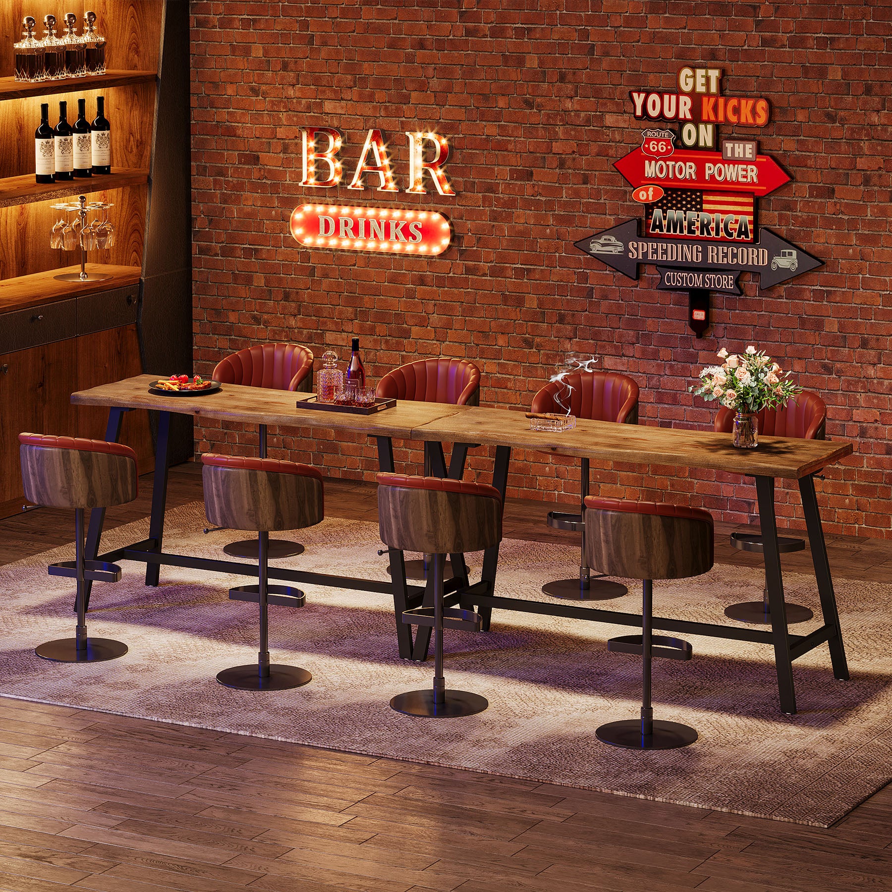 55 Inch Solid Wood Bar Table with Metal Frame and Footrest, Industrial Counter Height Pub Table for Kitchen