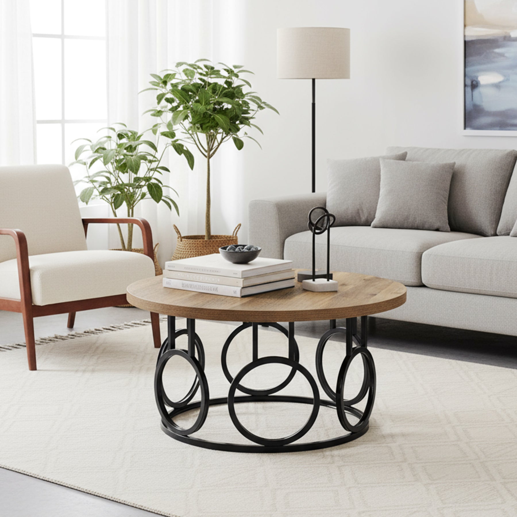 31.5-Inch Round Coffee Table, Rustic Wood Grain and Metal Base with Industrial Design