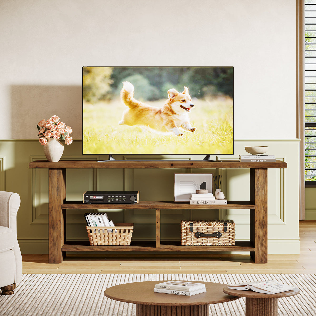 Tribesigns 63 Inch Solid Wood TV Stand with Open Storage, Farmhouse Media Console for Living Room