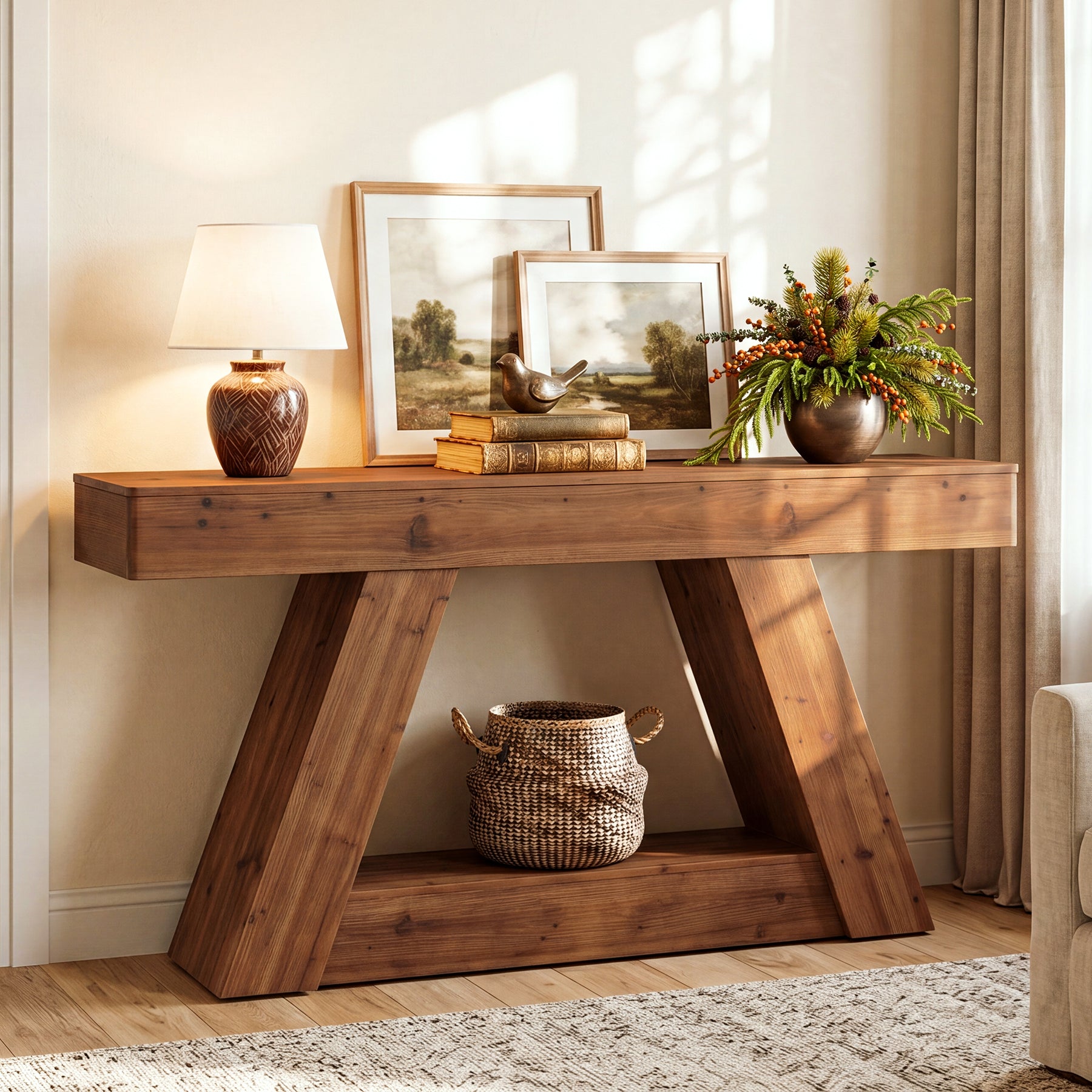 63-Inch Solid Wood Console Table with 2-Tier Storage, Farmhouse Sofa Table for Hallway