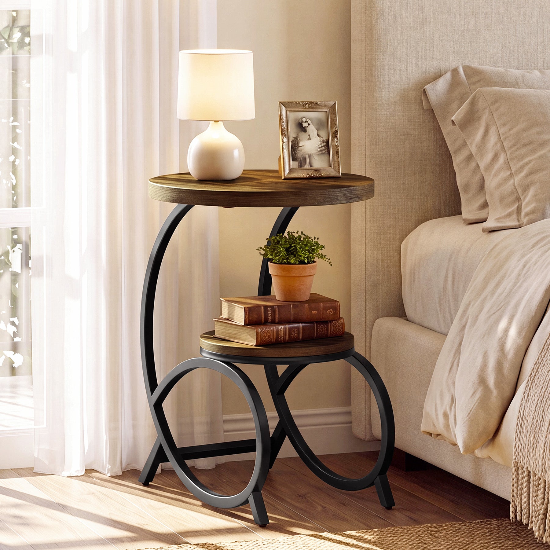 19.69 Inch C Shaped Side Table, 2 Tier Round End Table with Storage for Living Room
