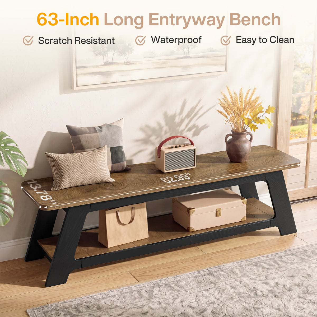 63 Inch Long Entryway Bench with Shoe Storage Shelf, Farmhouse Wooden Bench for Hallway