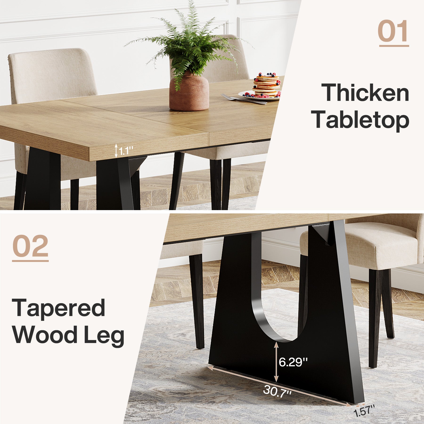 70.9-Inch Rectangular Dining Table with Thick MDF Top, Farmhouse Kitchen Table for Dining Room