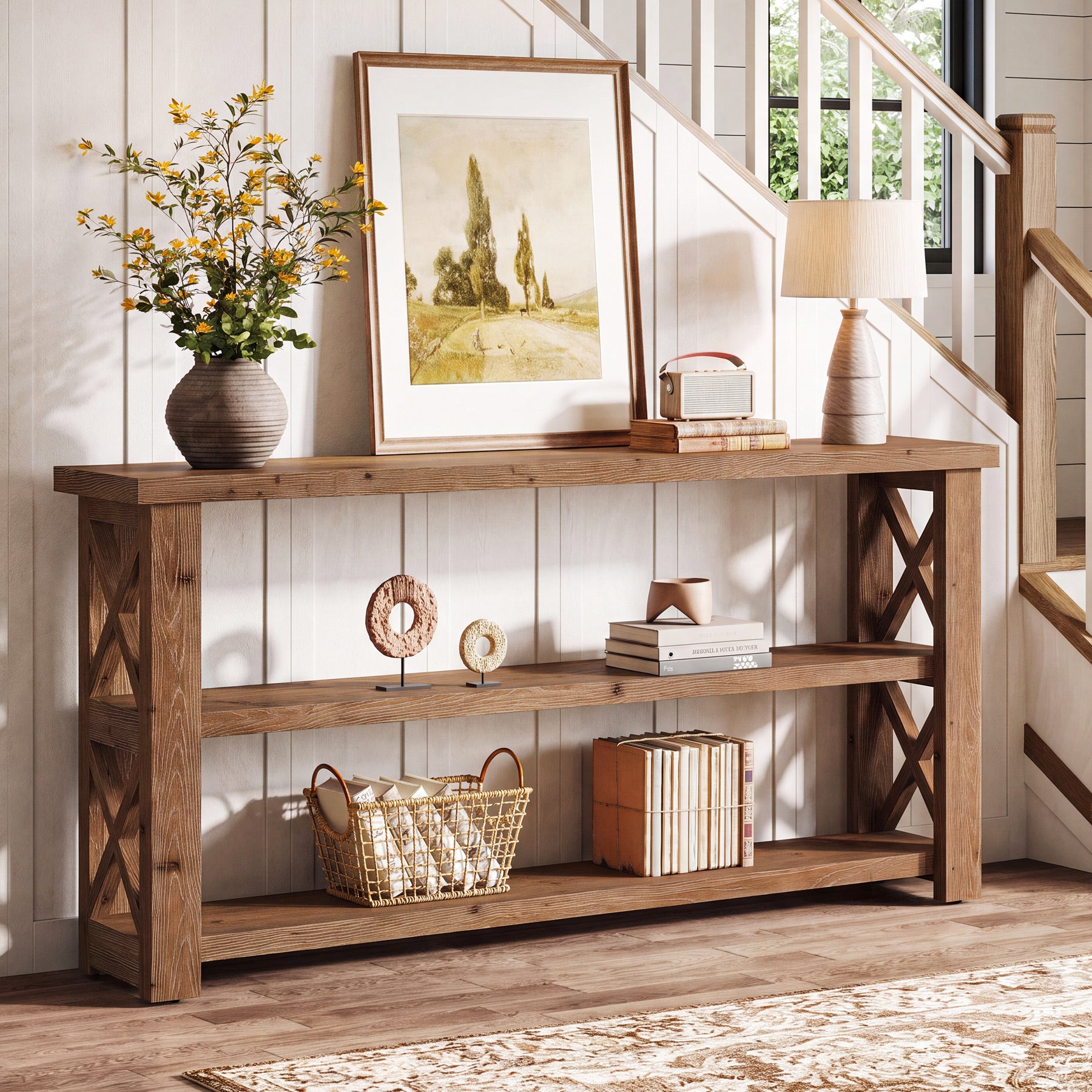 Tribesigns 63 Inch Solid Wood Console Table with X-Frame, 3-Tier Hallway Table for Living Room