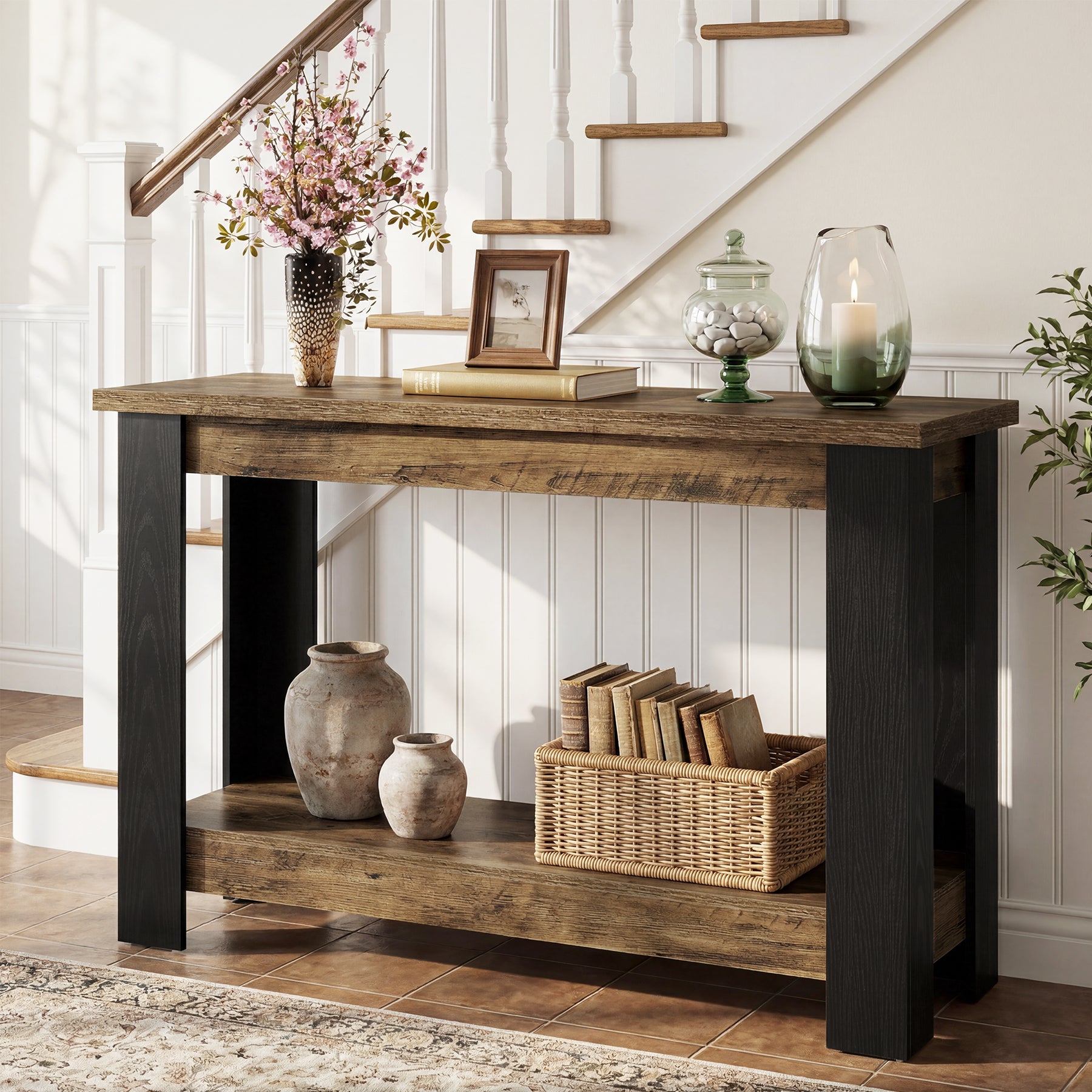 41-Inch Narrow Console Table with 2-Tier Open Storage, Modern Farmhouse Sofa Table for Entryway