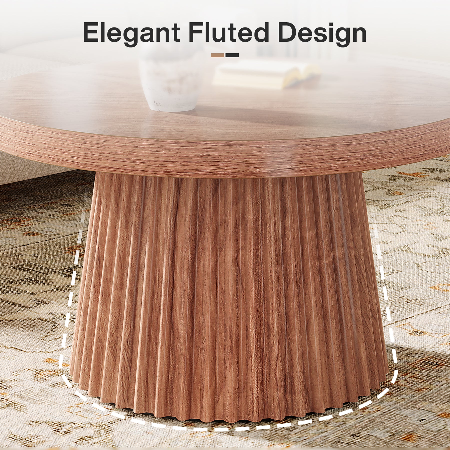 31.5" Round Fluted Coffee Table - Minimalist Wood Grain Center Piece for Small Spaces