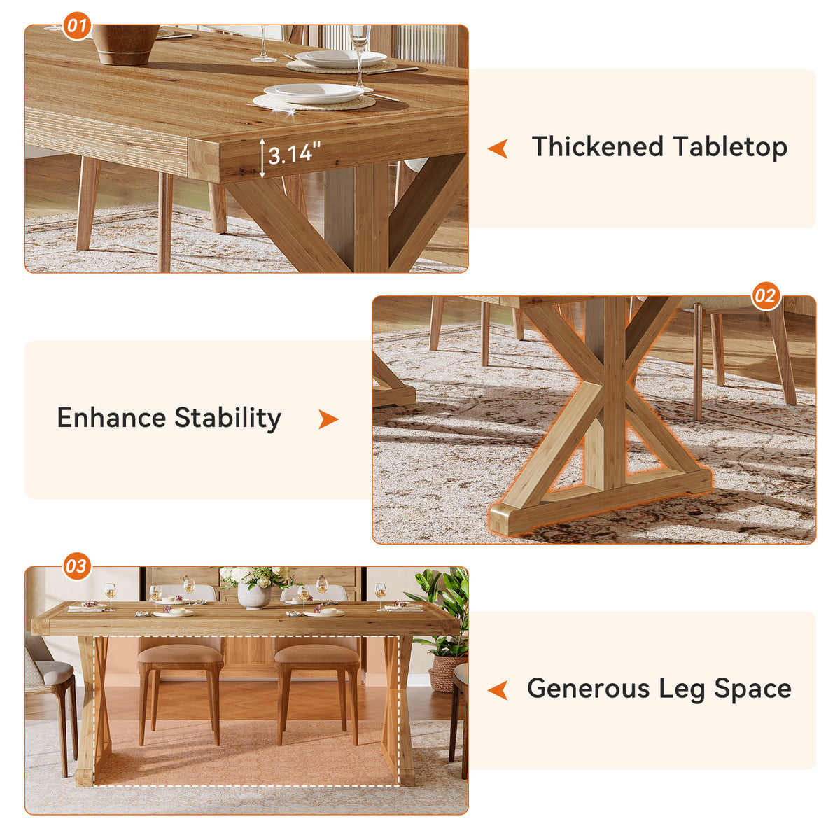 63 Inch Solid Wood Dining Table for 4-6, Farmhouse Kitchen Table with X-Shaped Legs for Dining Room