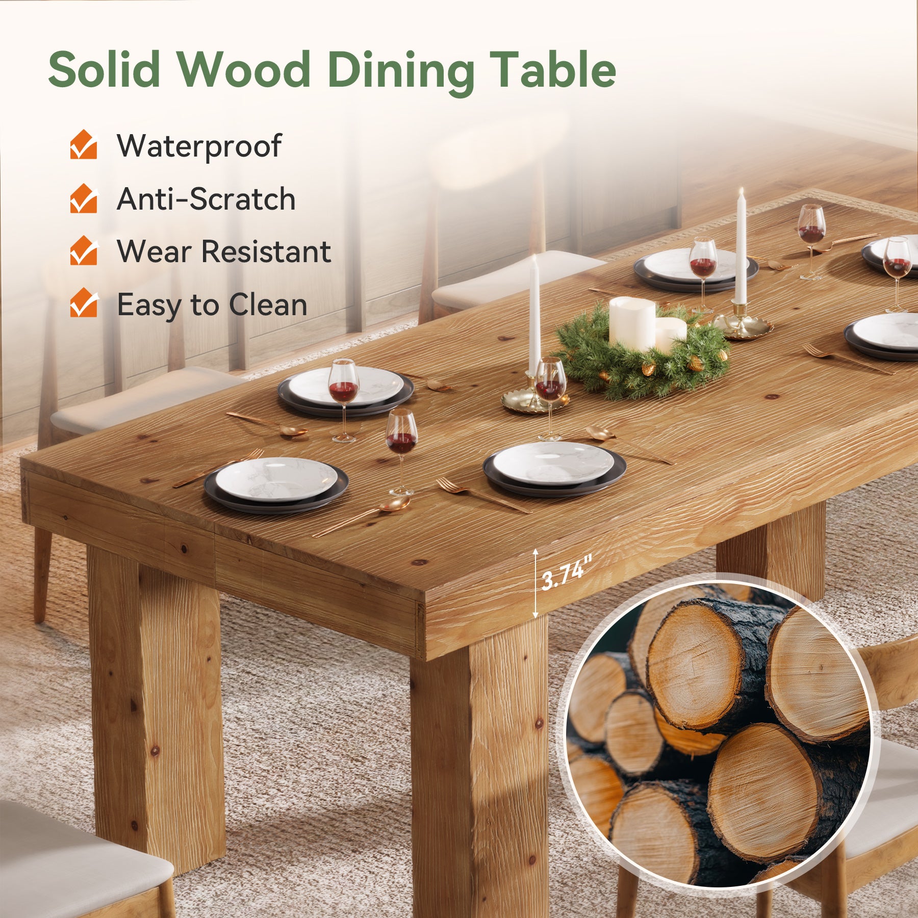 Tribesigns 63-Inch Solid Wood Kitchen Table for 4-6 People, Farmhouse Dining Table with Thick Tabletop